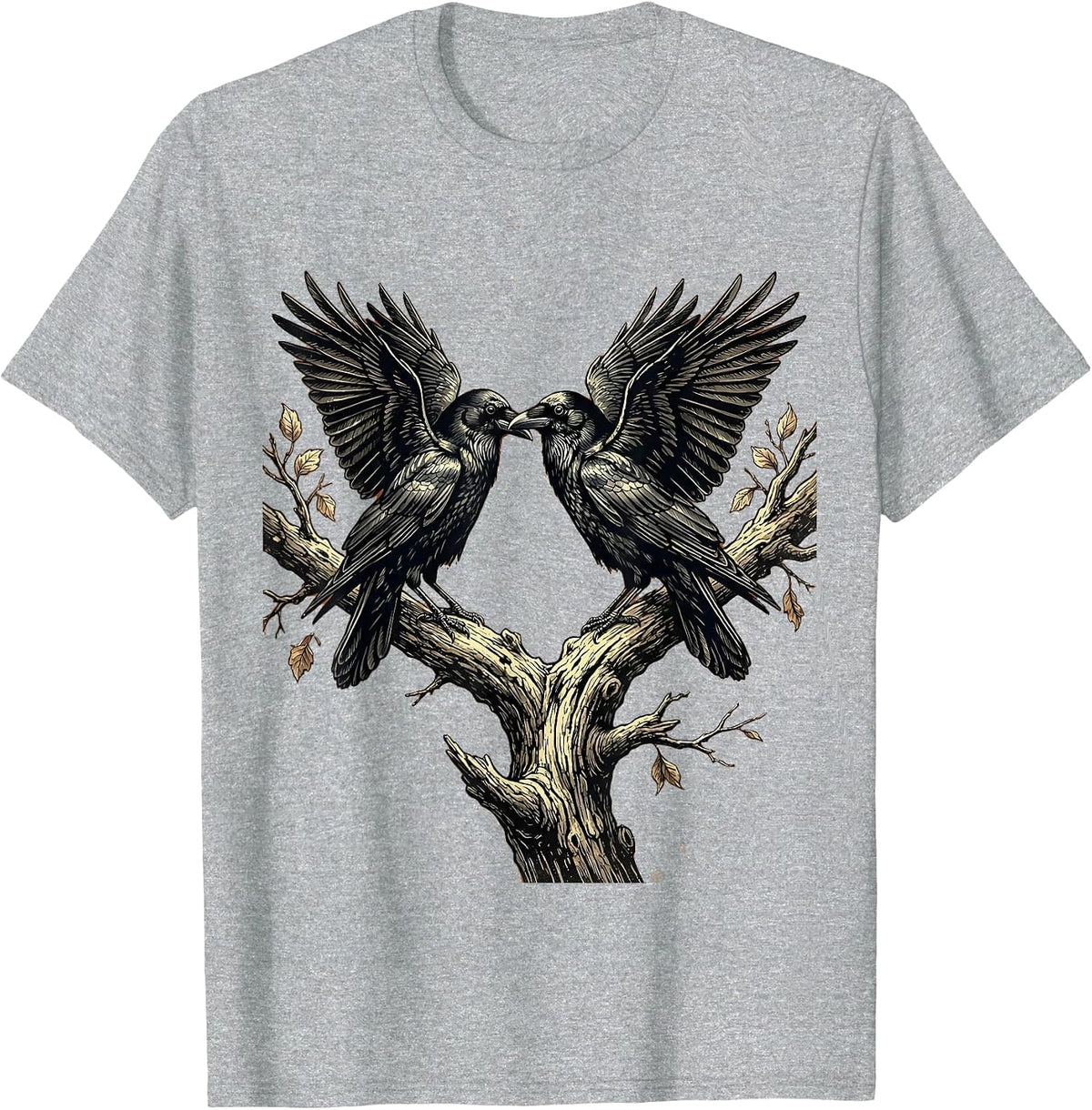 Men's Two Crows on a Branch Face to Face Art T-Shirt - Heather Grey
