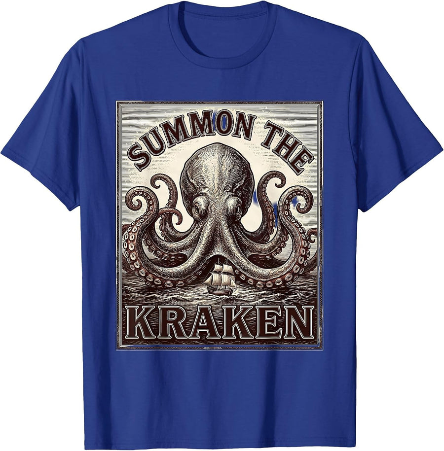 Summon The Kraken Vintage Engraved Kraken Octopus Lover Sea T-Shirt - Royal Blue