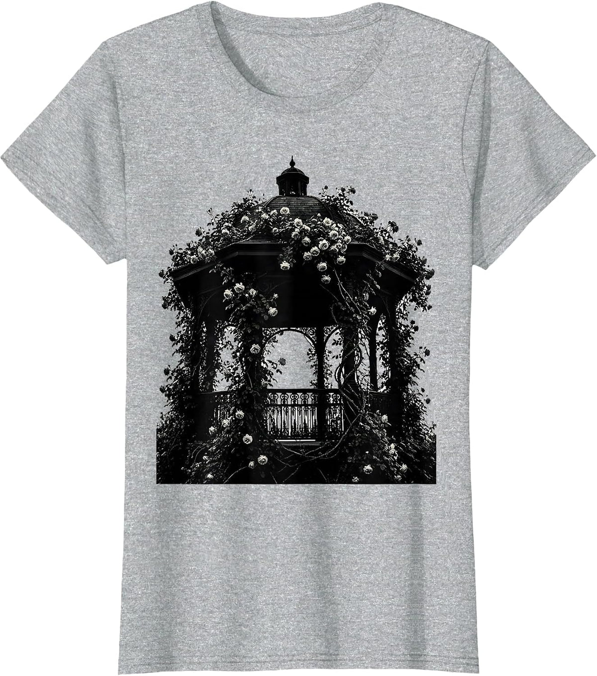 Park Gazebo Climbing Roses Botanical Illustration T-Shirt - Heather Grey