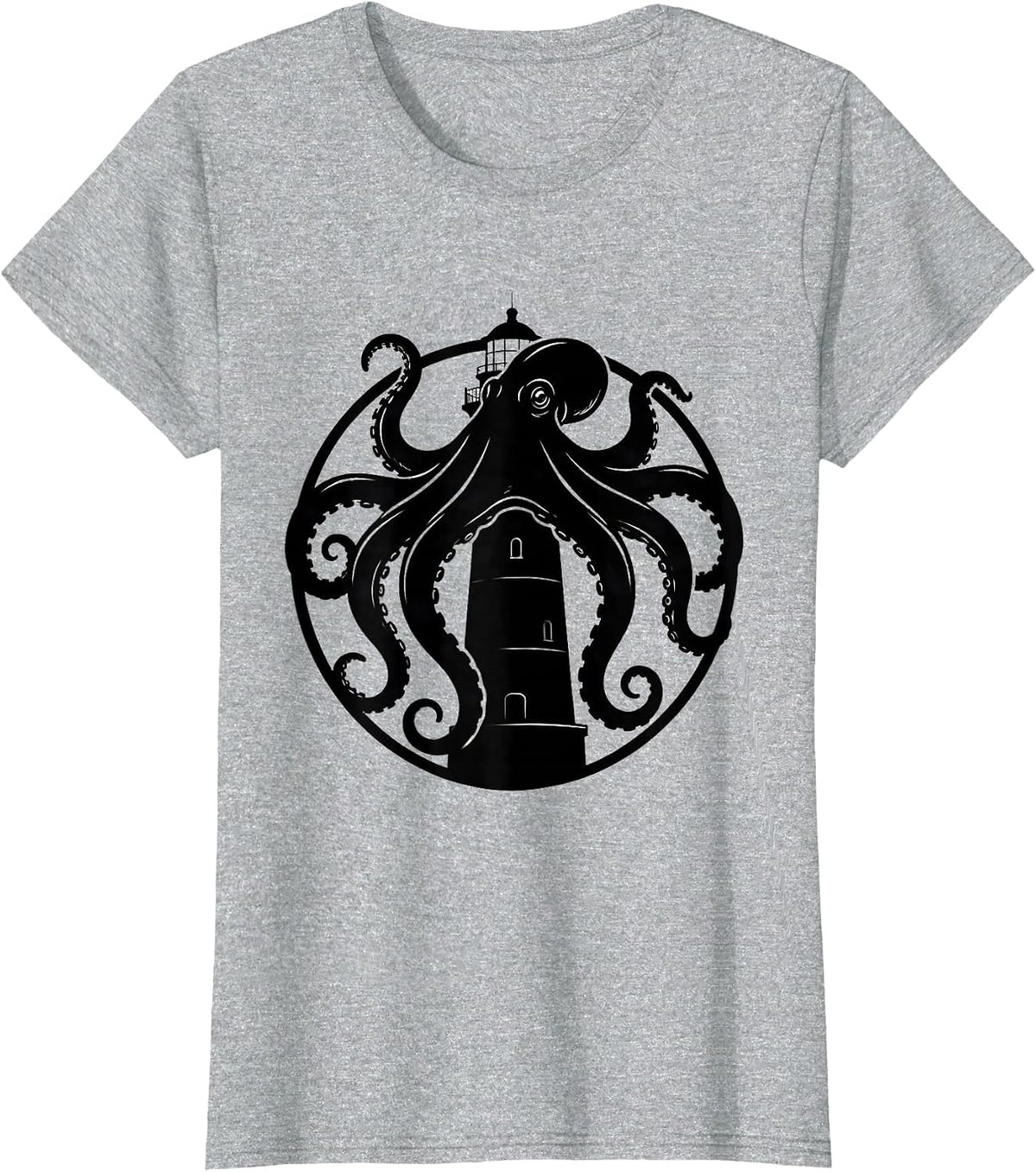 Giant Octopus Gripping Lighthouse Pirate Design T-Shirt - Heather Grey