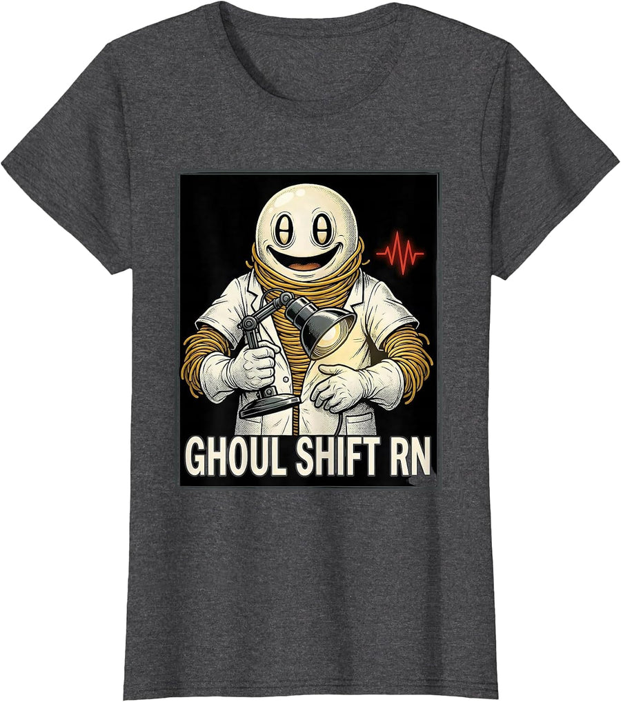 Women's Ghoul Shift RN Retro Cartoon Halloween Nurse Medical Humor T-Shirt - Dark Heather Grey