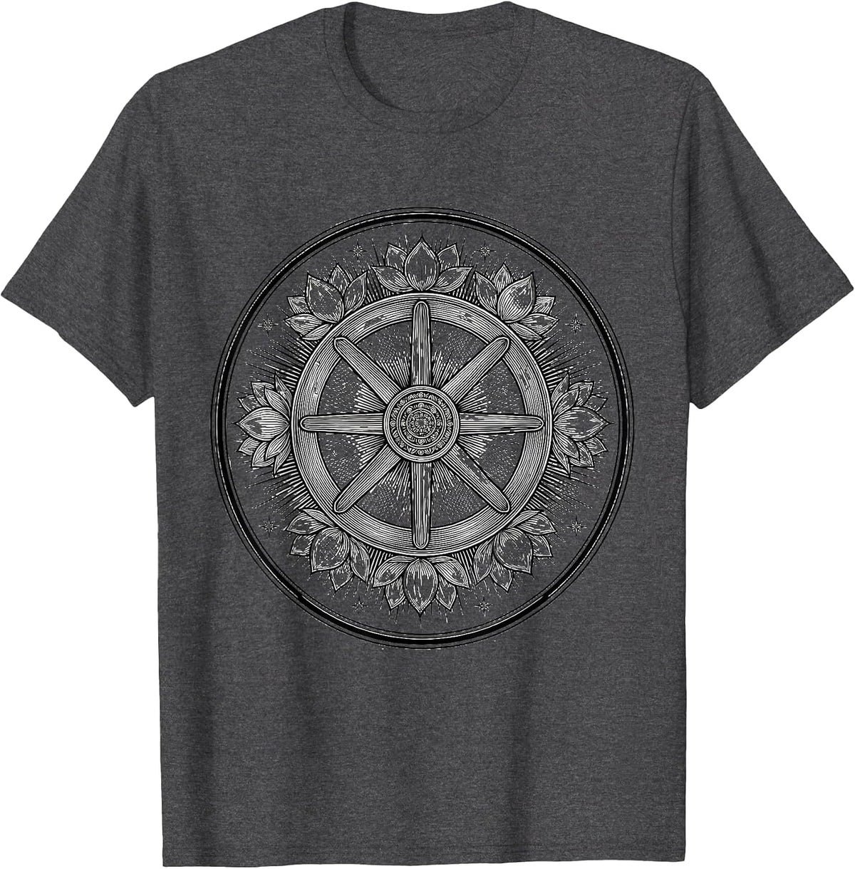 Karma Wheel Celestial Rays Spiritual Design T-Shirt - Dark Heather Grey