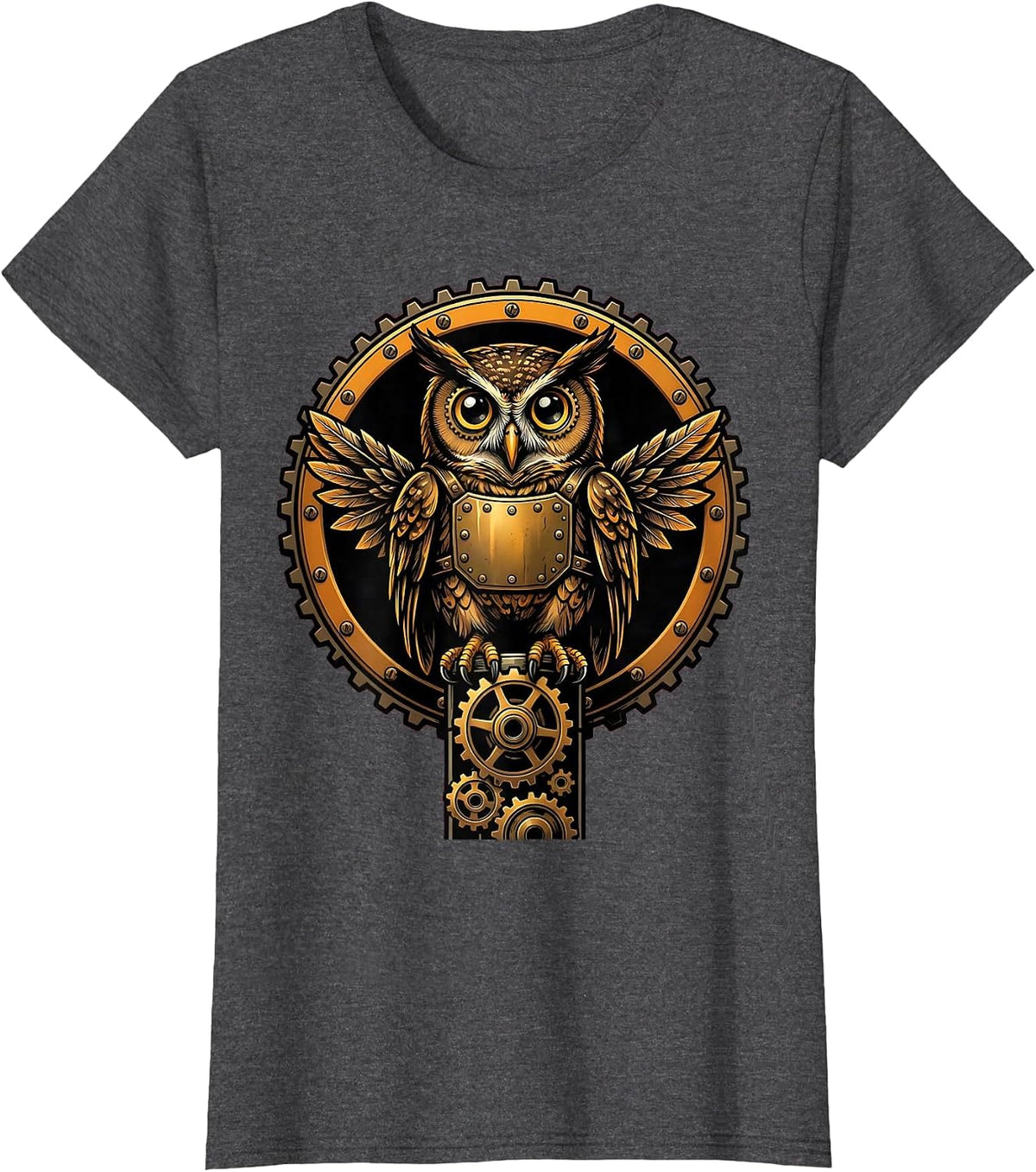 Women's Steampunk Mechanical Owl on Gear Stack Design T-Shirt - Dark Heather Grey