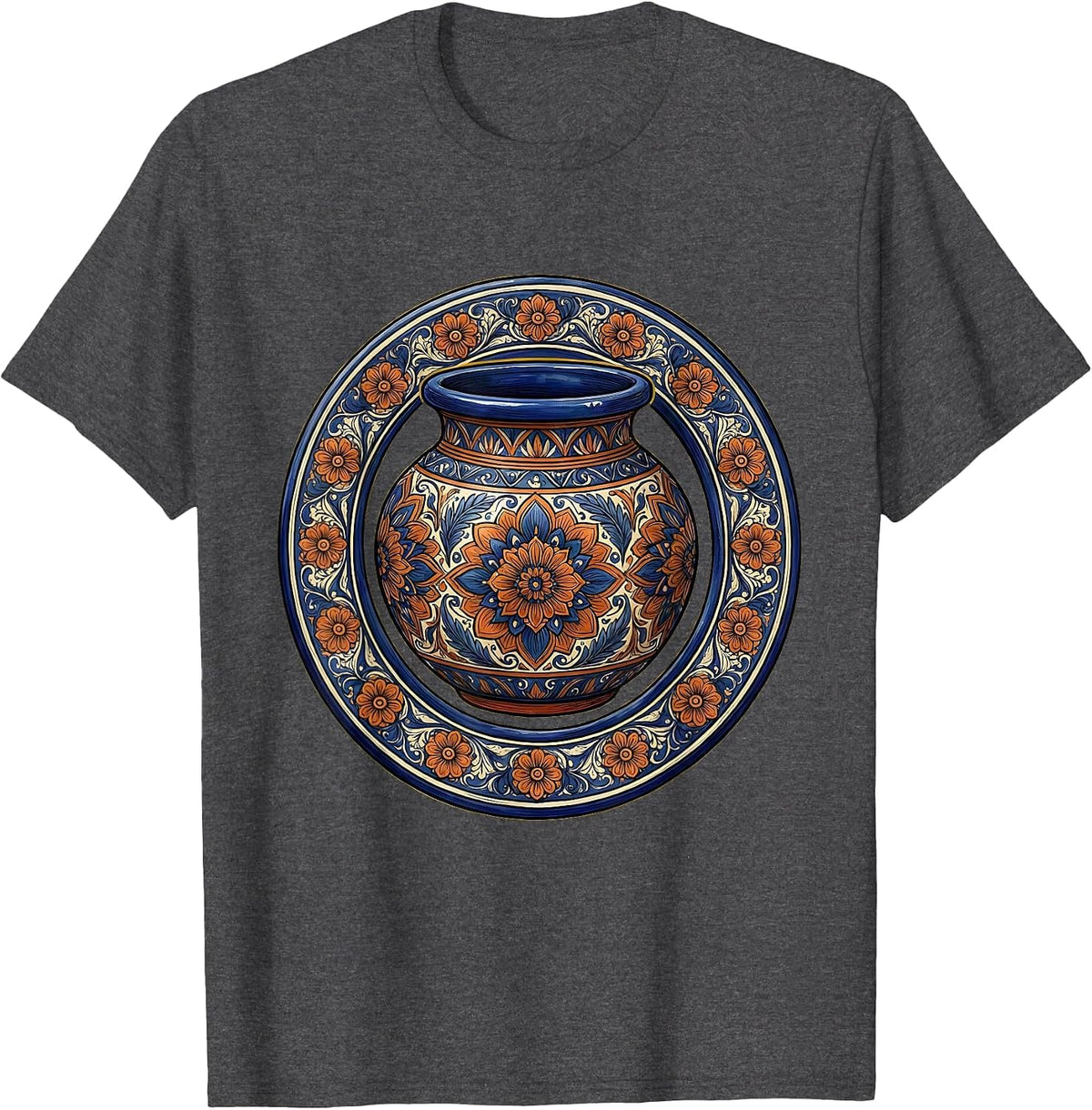 Mexican Talavera Pottery Floral Art Design T-Shirt - Dark Heather Grey