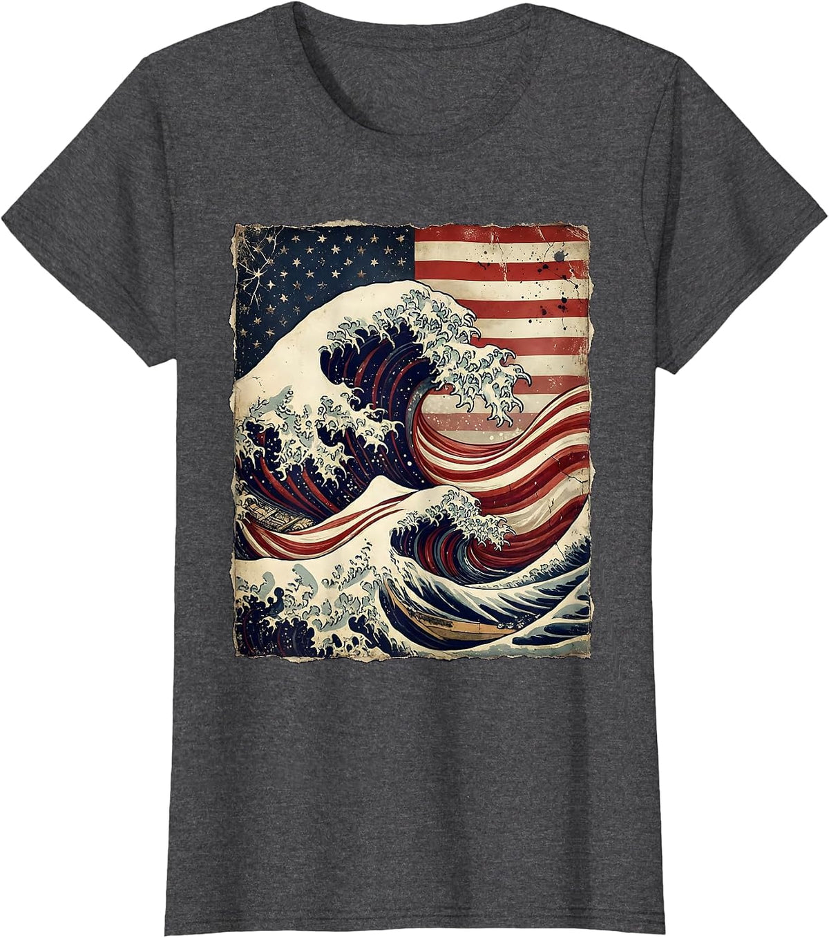 Women's American Flag Wave Curl Ocean Tide Graphic T-Shirt - Dark Heather Grey