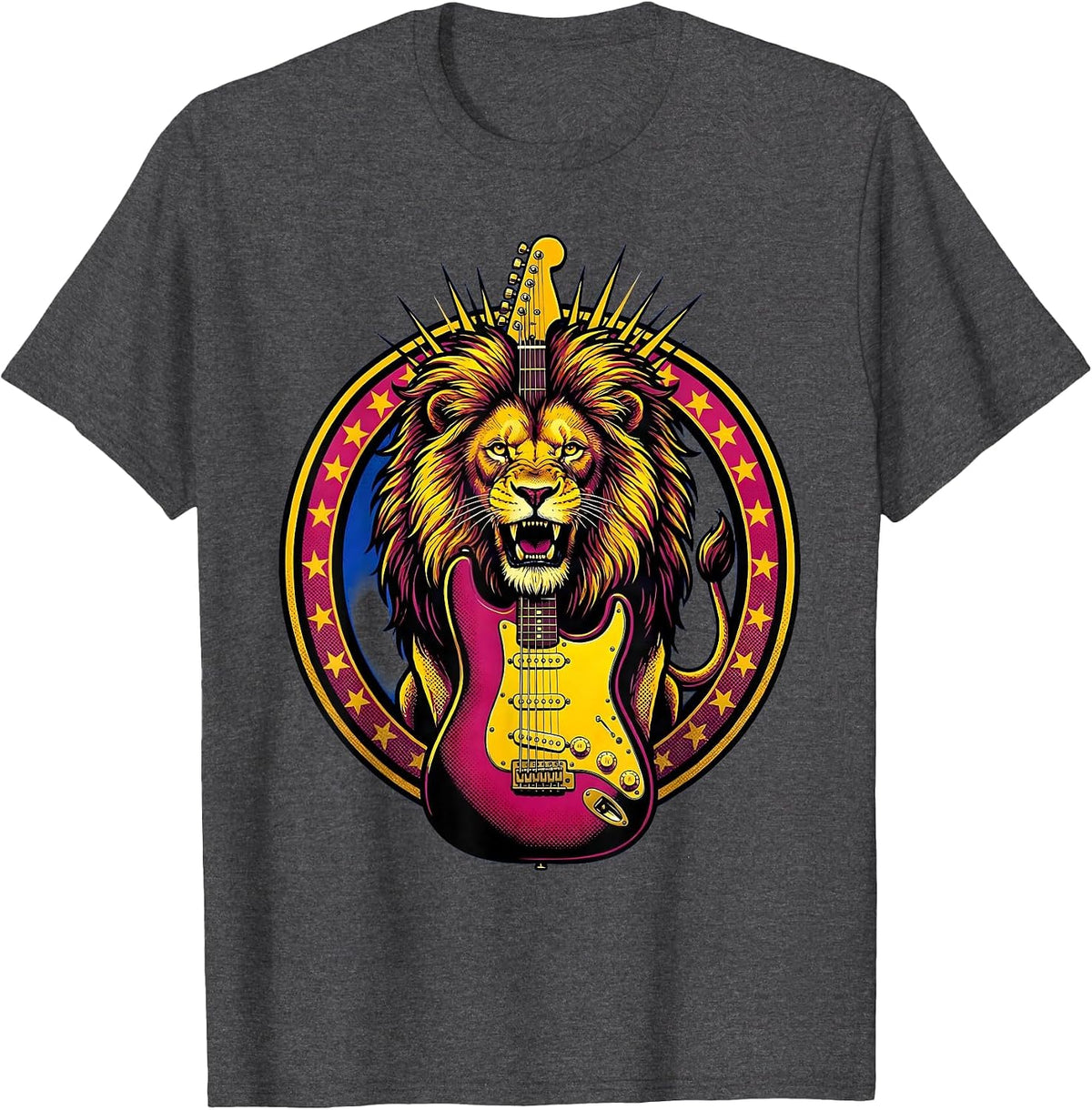 Roaring Lion Electric Guitar Classic Rock Design T-Shirt - Dark Heather Grey