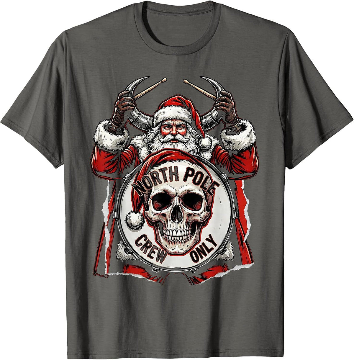 North Pole Crew Only Punk Metal Santa Heavy Metal Christmas T-Shirt - Asphalt Grey