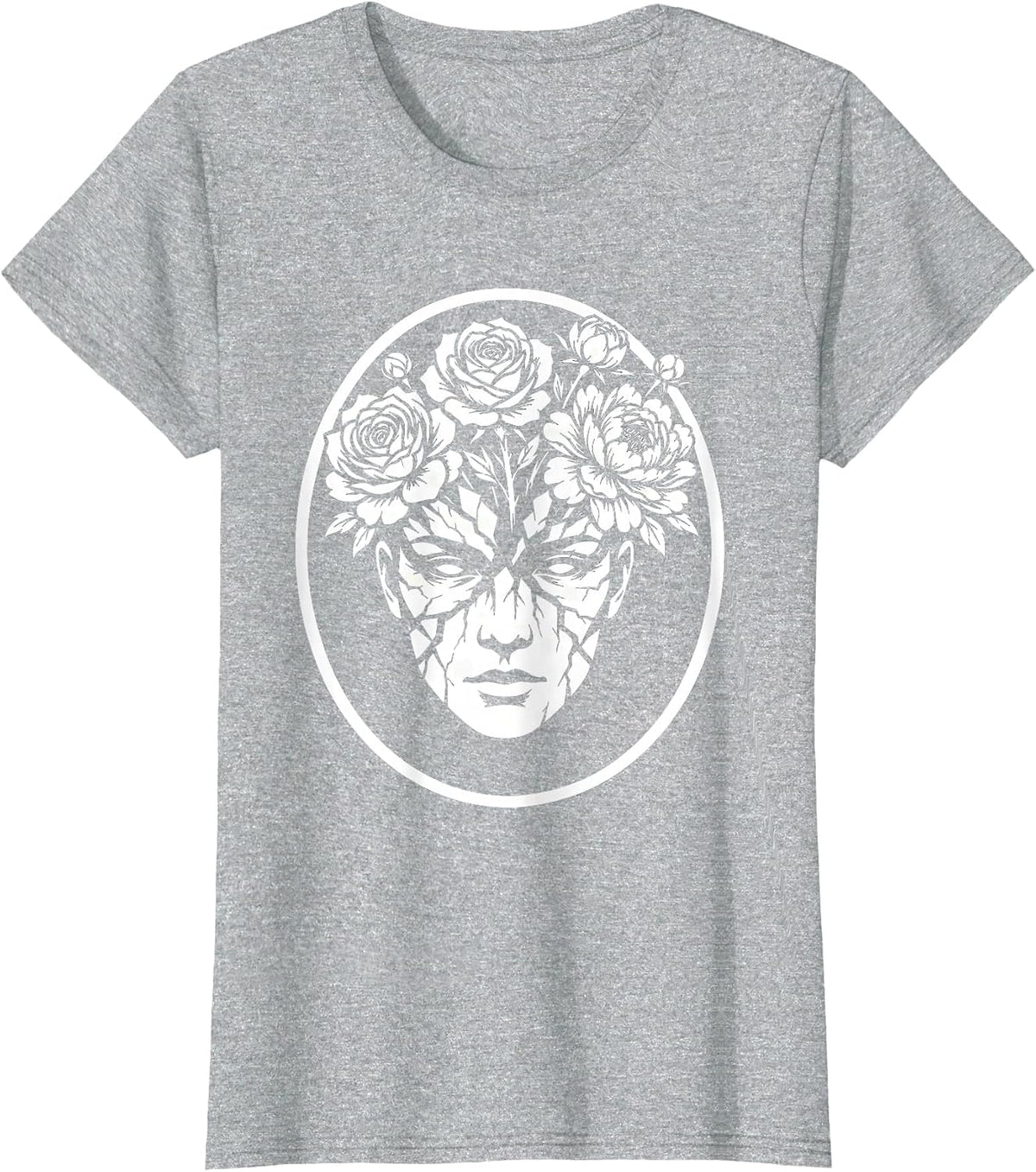 Cracked Porcelain Face Floral Bloom Art Design T-Shirt - Heather Grey