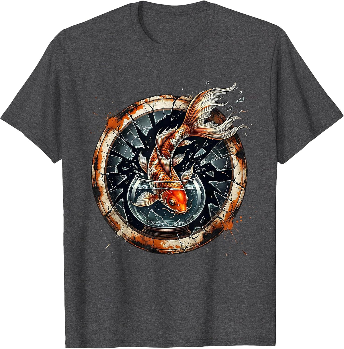 Koi Fish Leaping Out of Fishbowl Graphic Tee T-Shirt - Dark Heather Grey