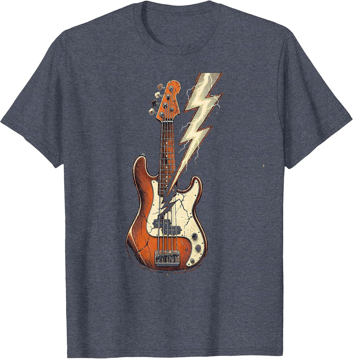 Lightning Bolt Electric Bass Guitar 90s Band Graphic T-Shirt - Heather Blue