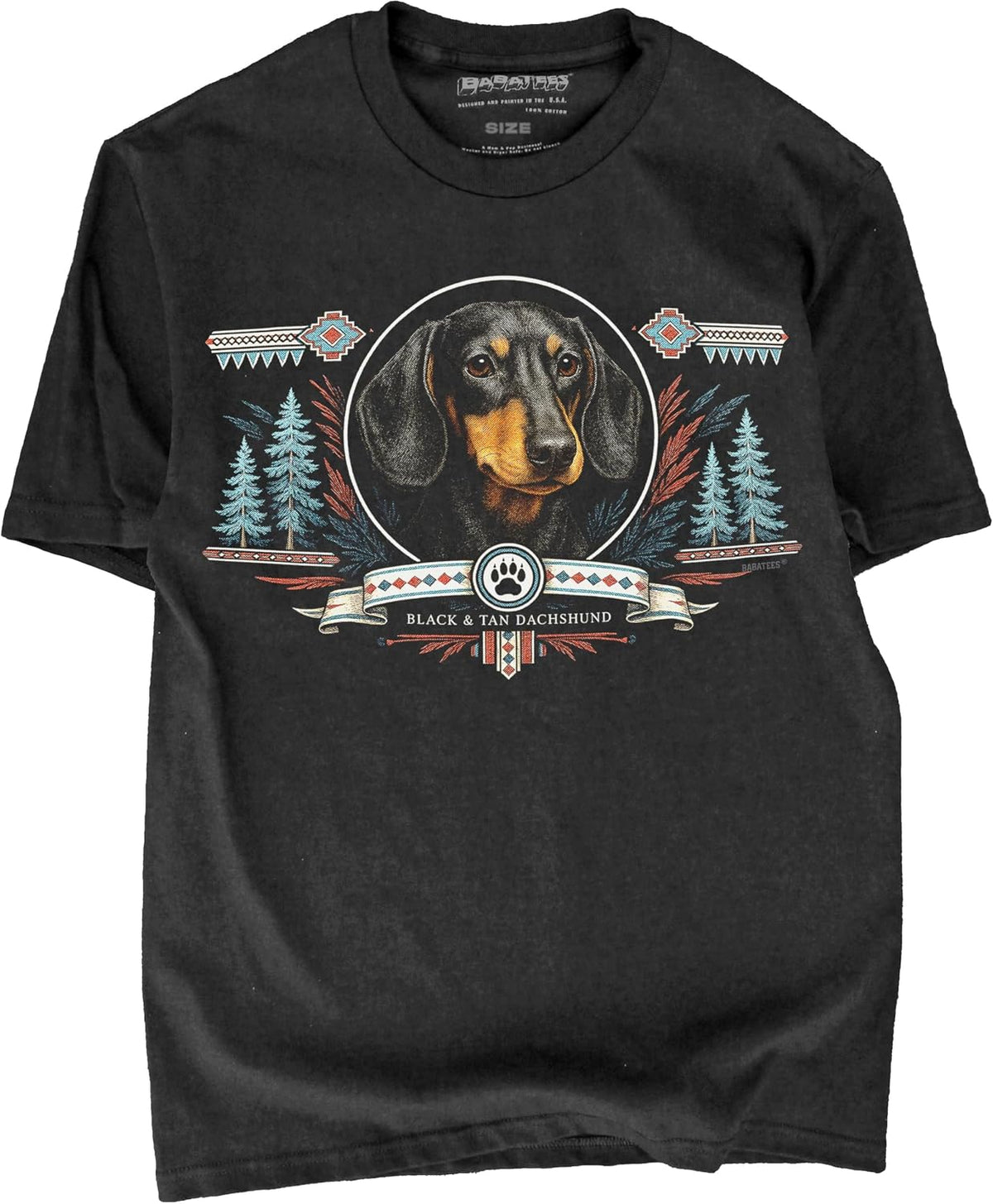 BABATEES Wilderness Inspired Dog Artwork Black Tshirt – 100% Cotton - for Men & Women - Black & Tan Dachshund