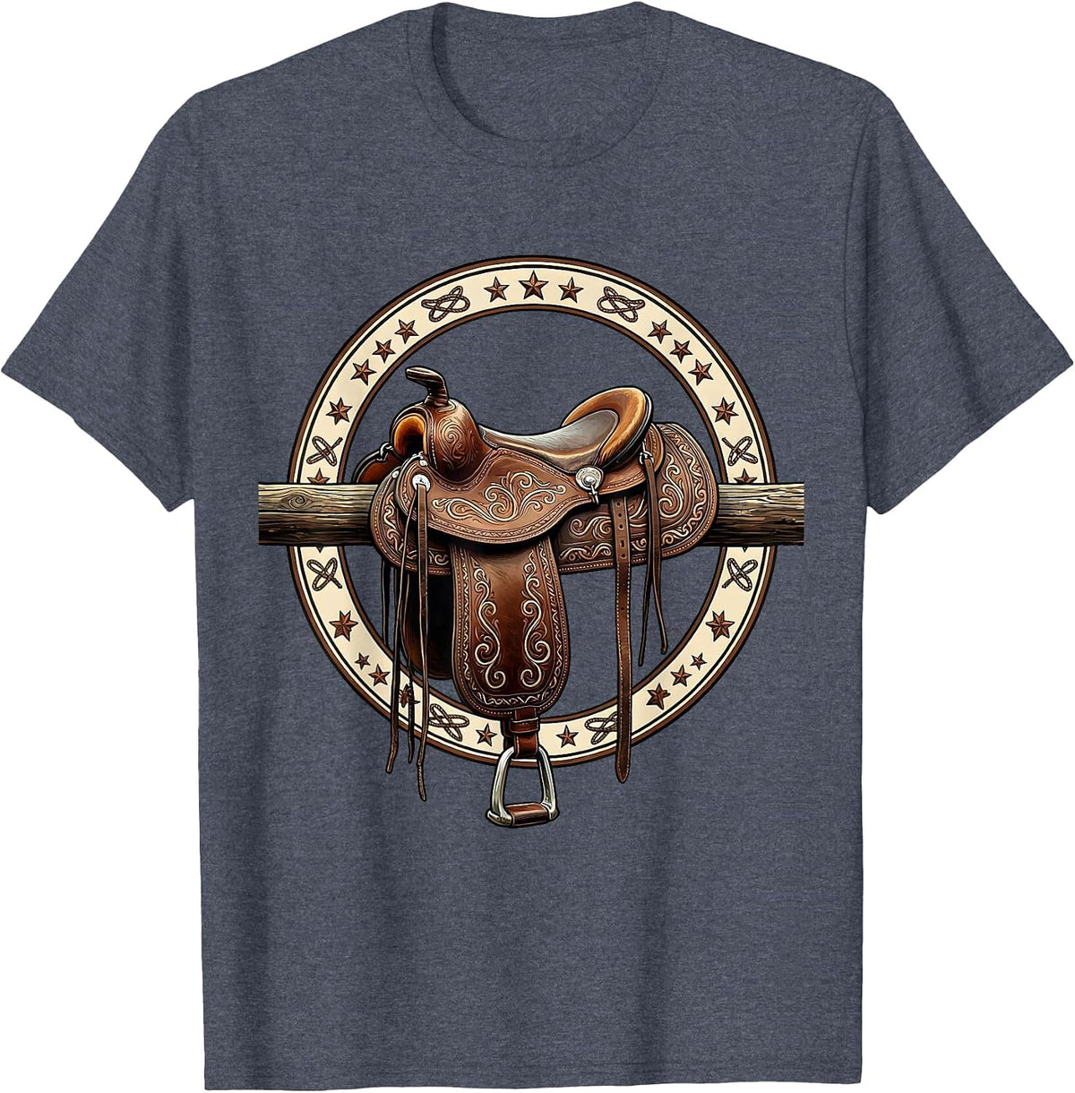 Saddle on Fence Rail Cowboy Western Graphic T-Shirt - Heather Blue