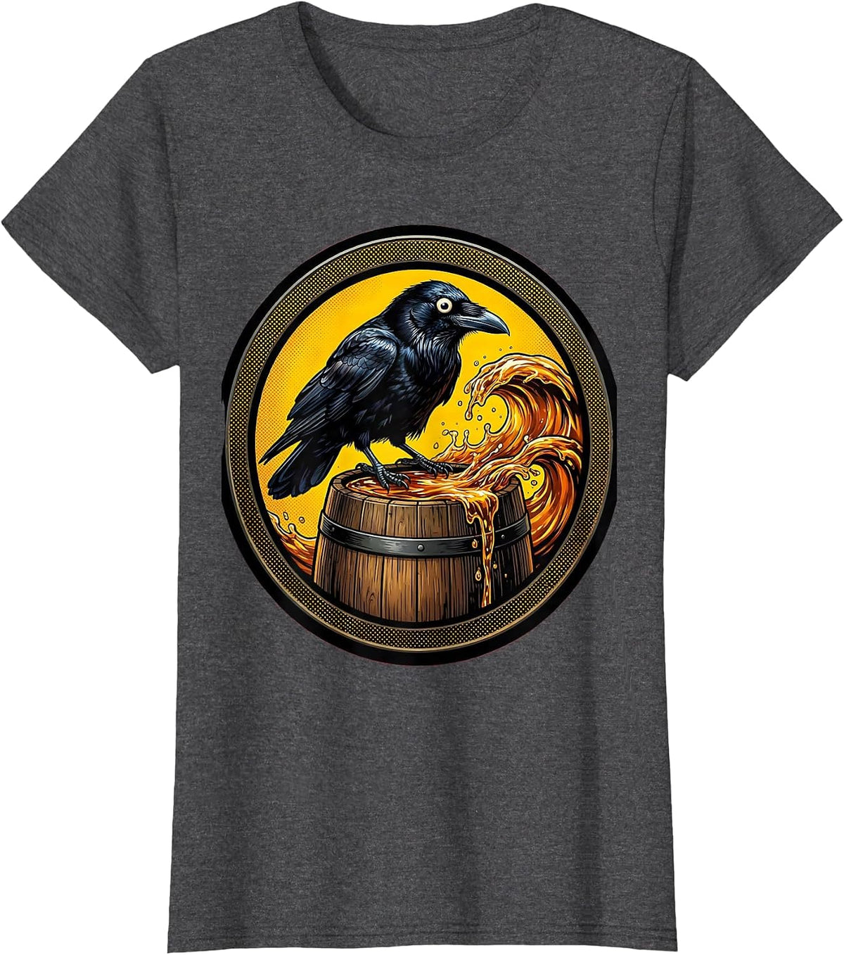 Women's Crow on Whiskey Barrel Halloween Graphic T-Shirt - Dark Heather Grey