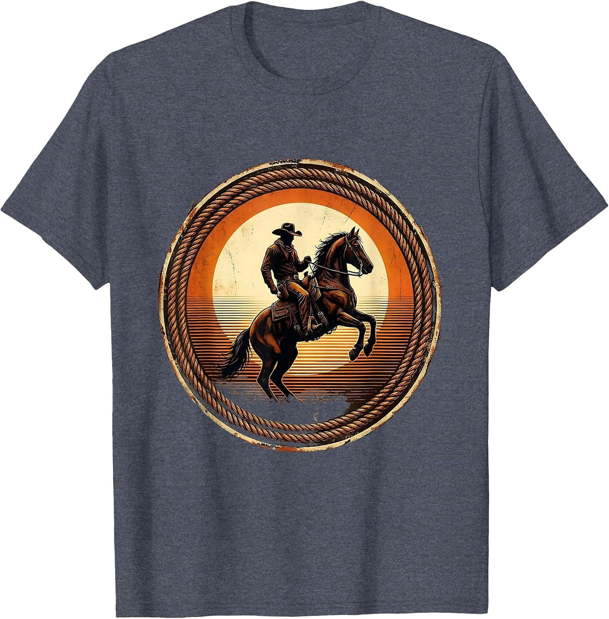 Cowboy Silhouette Riding Horse at Sunset T-Shirt - Heather Blue