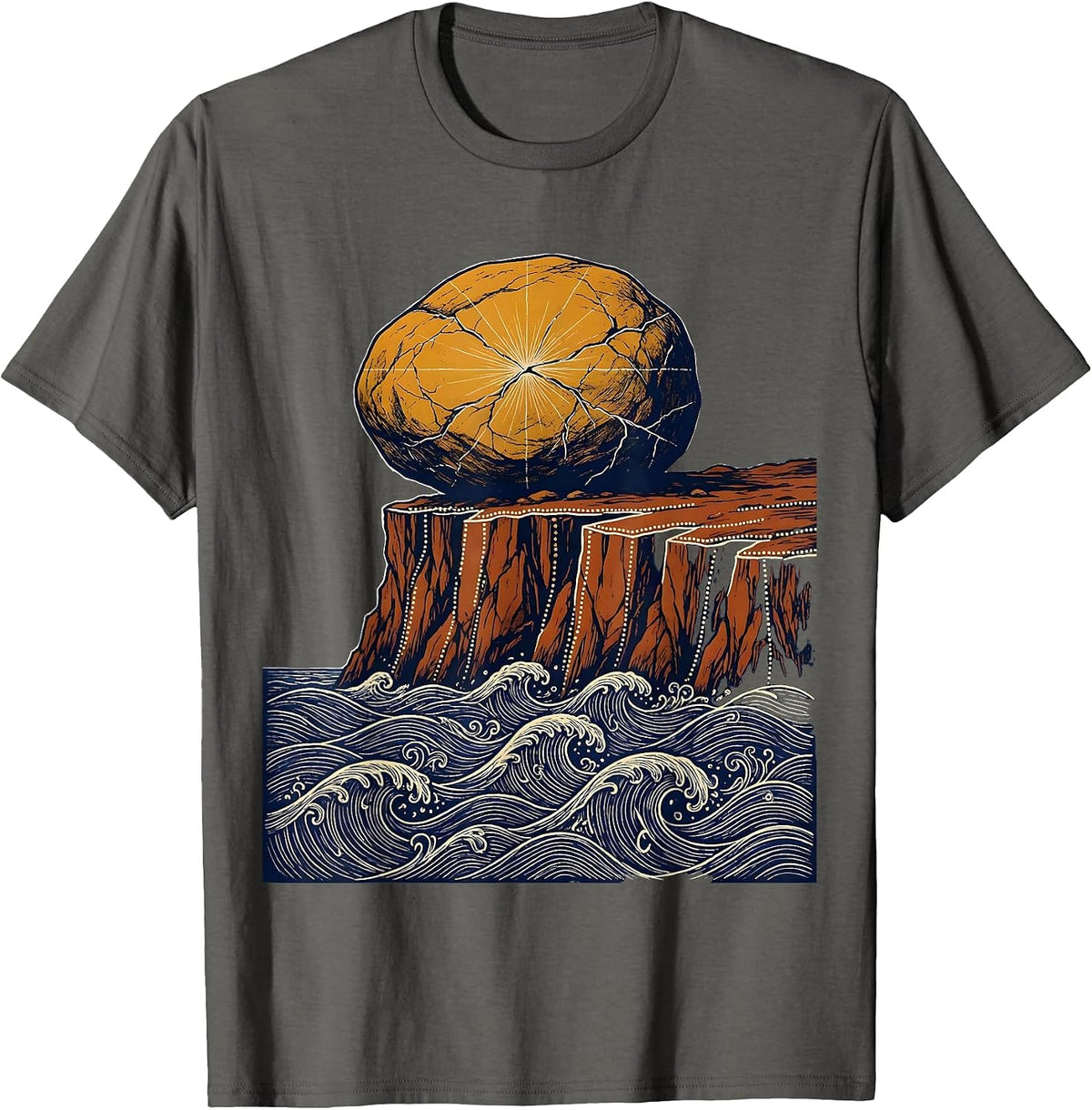 Men's Boulder on Cliff Edge Over Crashing Sea T-Shirt - Asphalt Grey