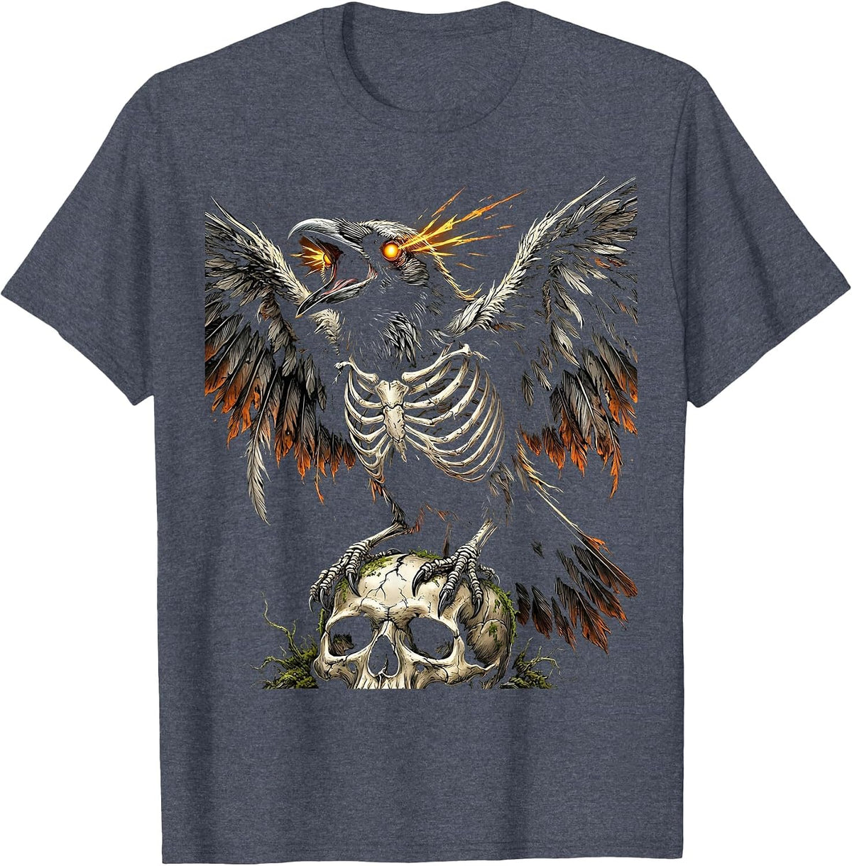 Skeletal Crow Glowing Eyes Dark Gothic Art T-Shirt - Heather Blue