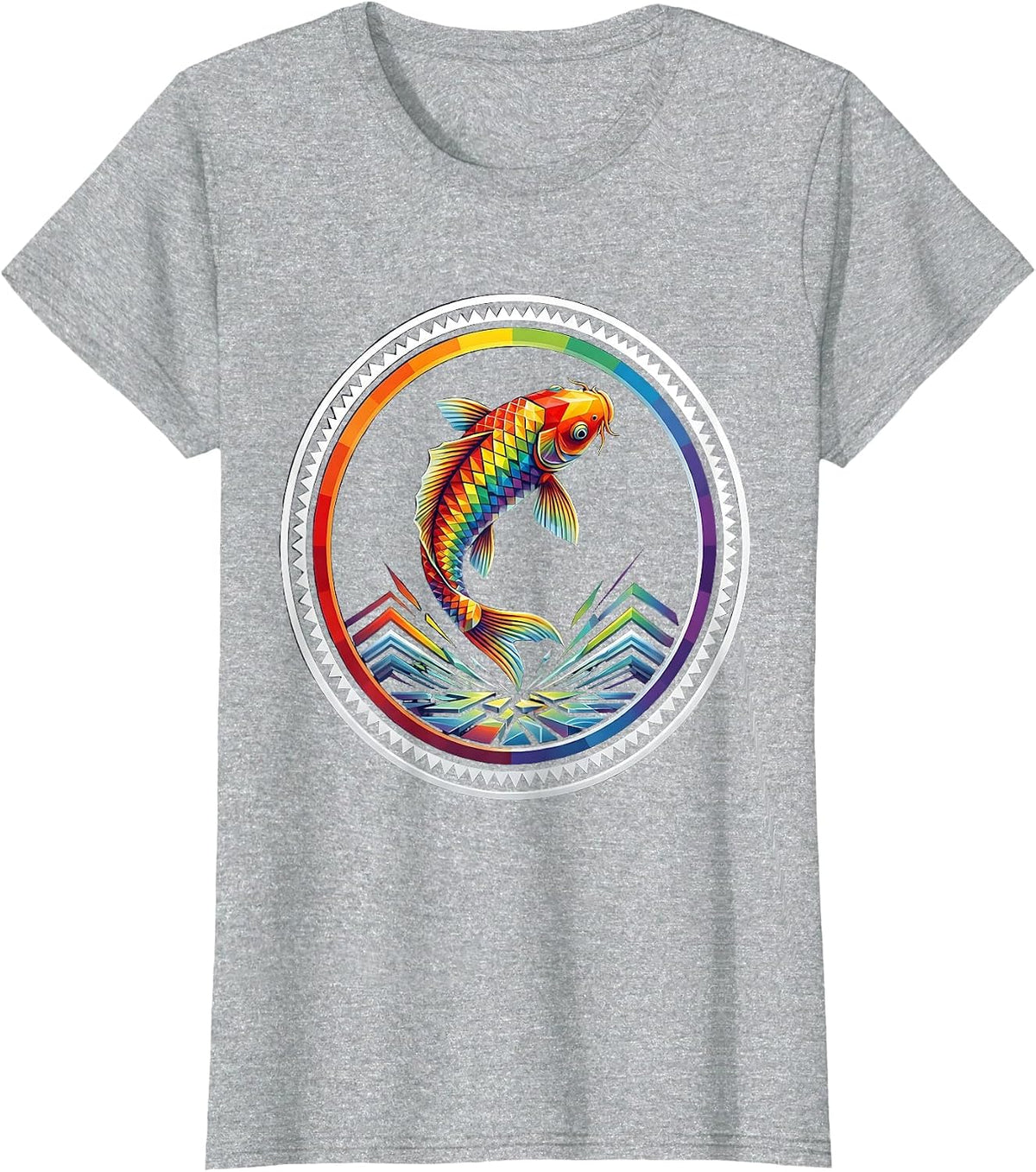 Rainbow Koi Fish Leaping From Water Illustration T-Shirt - Heather Grey