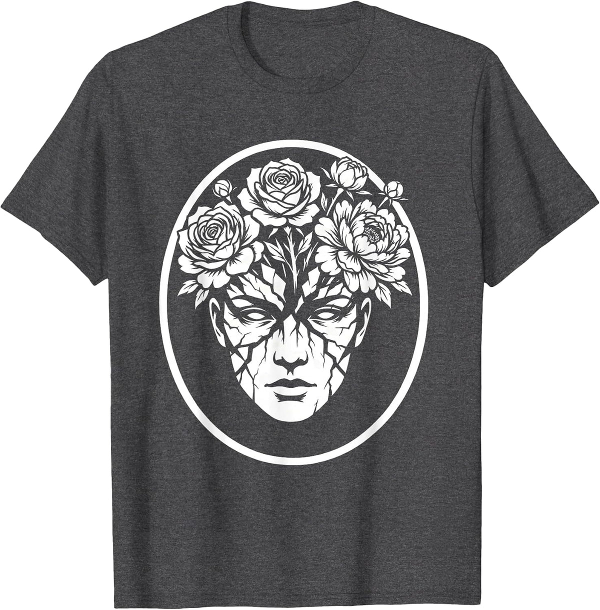 Cracked Porcelain Face Floral Bloom Art Design T-Shirt - Dark Heather Grey