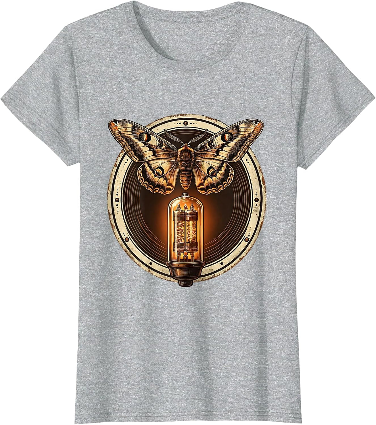 Moth and Vacuum Tube Amp Glow Rock Graphic T-Shirt - Heather Grey