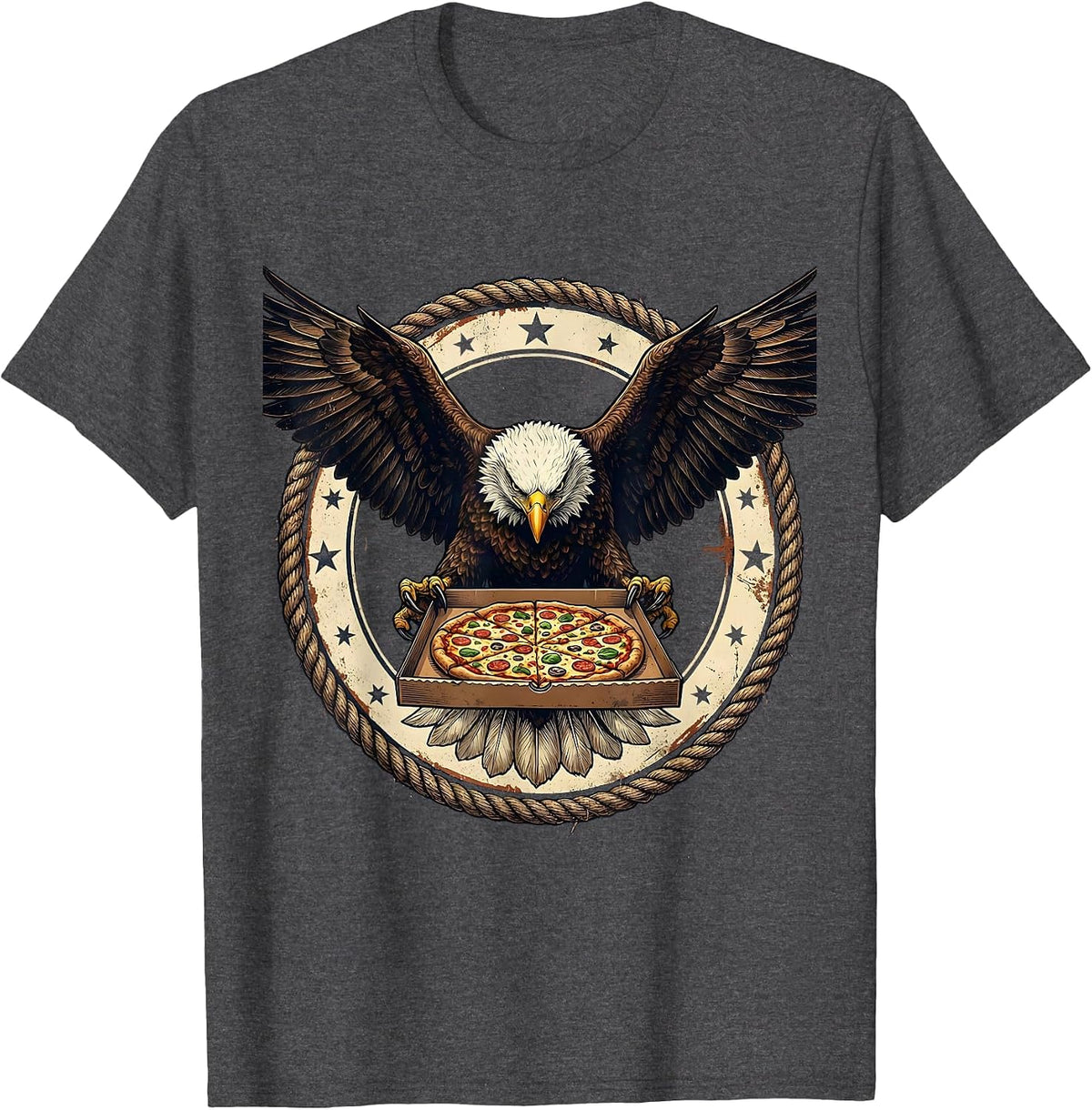Men's Bald Eagle Pizza Delivery Funny Novelty Graphic Tee T-Shirt - Dark Heather Grey