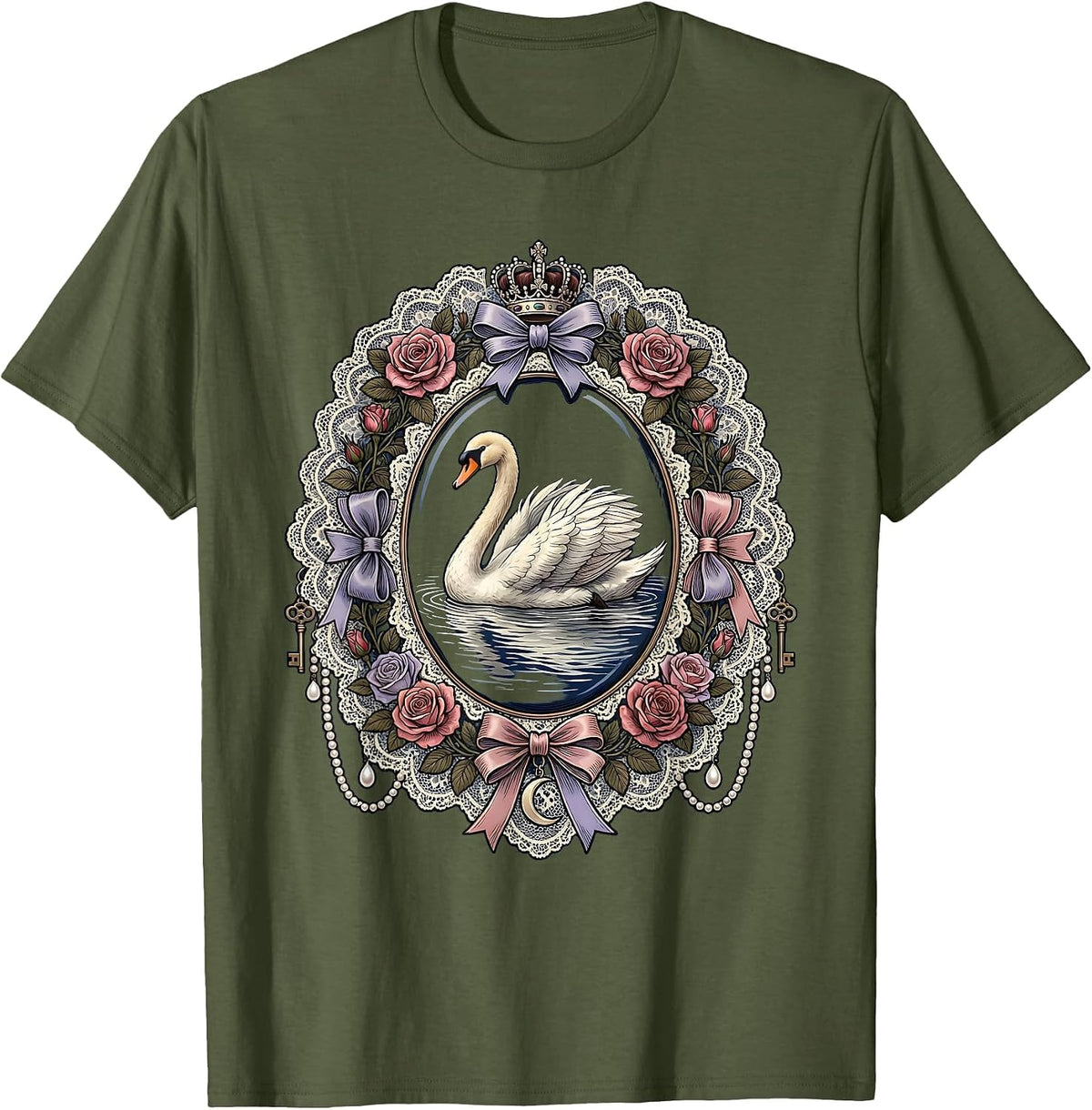 Men's Gigi Swan Moonlit Water Illustration T-Shirt - Olive Green