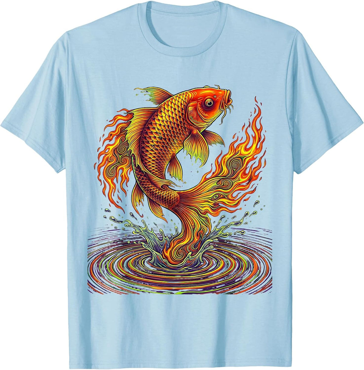 Fire Koi Fish Leaping From Water Graphic T-Shirt - Baby Blue