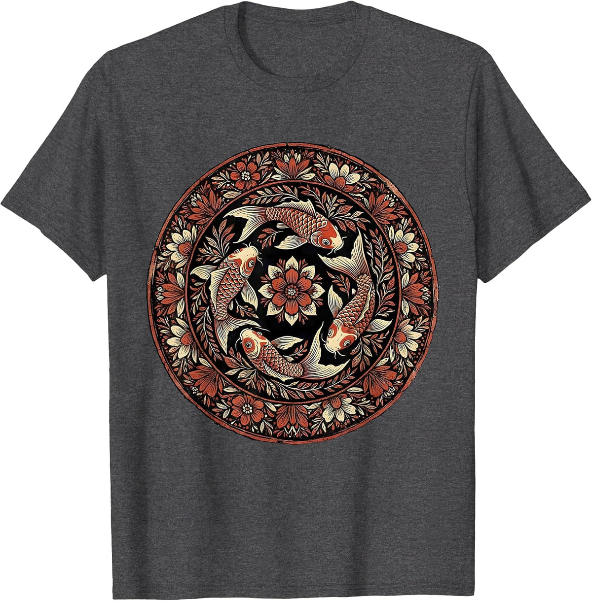 Men's Red White and Blue Koi Fish Swirl Design T-Shirt - Dark Heather Grey