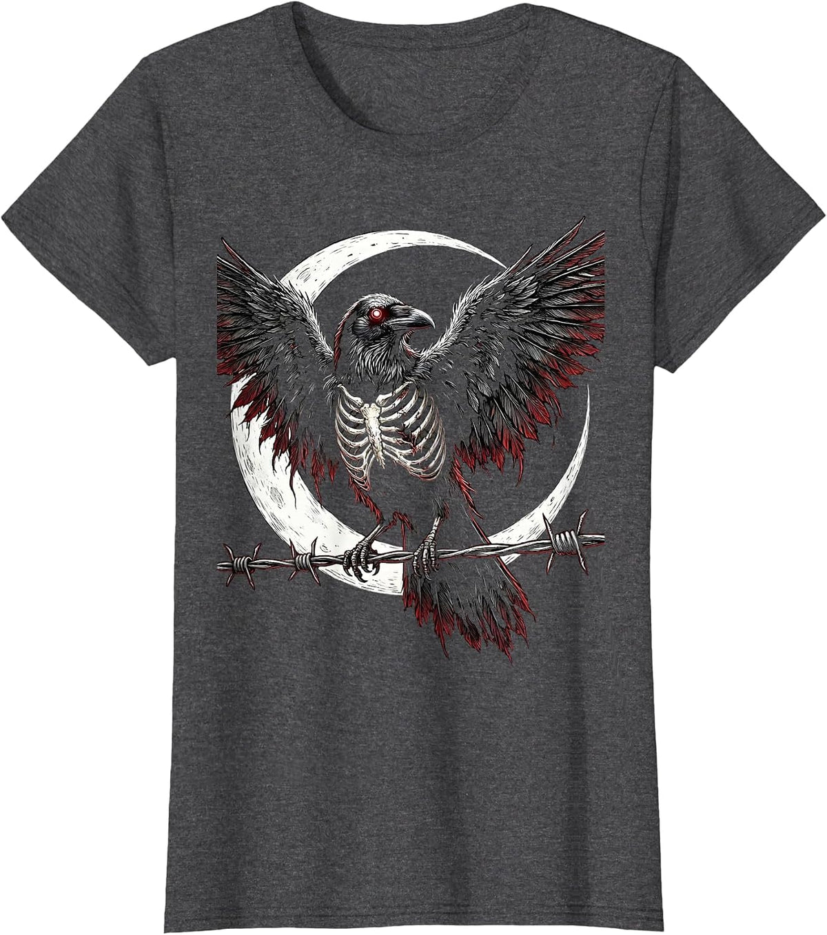 Women's Crow on Barbed Wire Fence Illustration T-Shirt - Dark Heather Grey