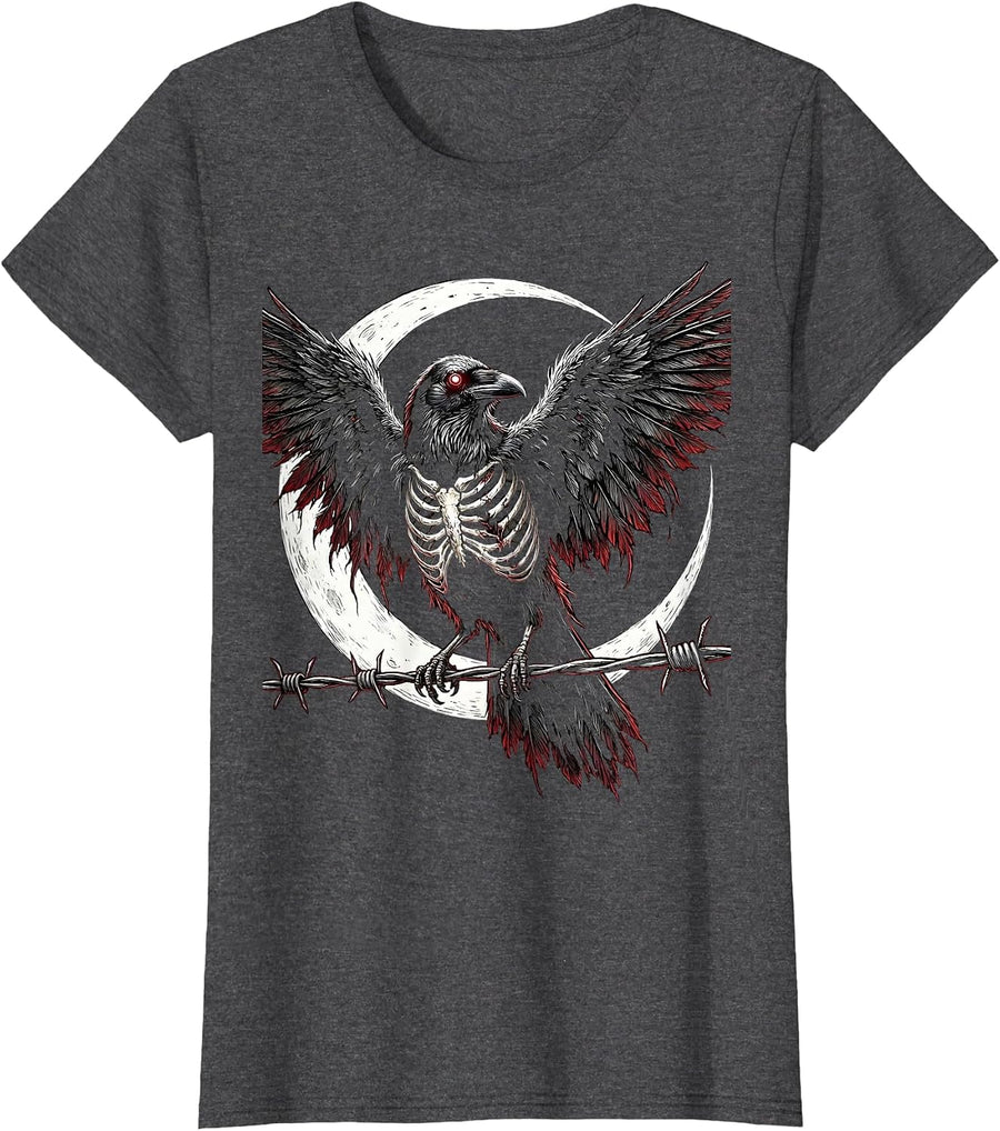Women's Crow on Barbed Wire Fence Illustration T-Shirt - Dark Heather Grey