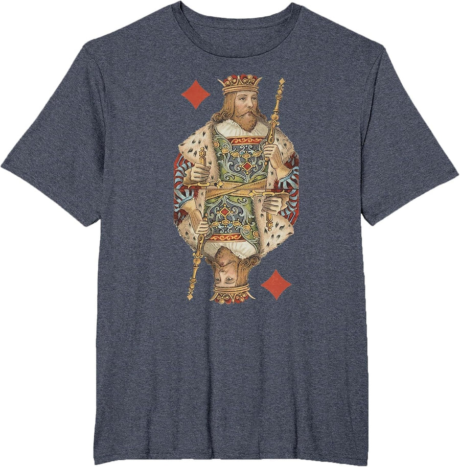 King of Diamonds Antique Art Nouveau Playing Card Art T-Shirt, Men's Big and Tall, Heather Blue, 6X Tall - As Pictured