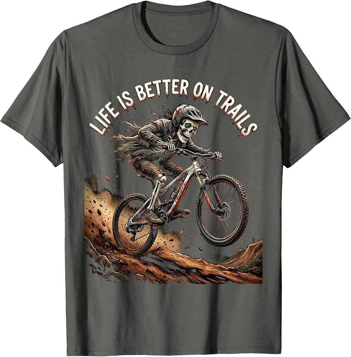 Life Is Better On Trails Mountain Bike Design T-Shirt - Asphalt Grey