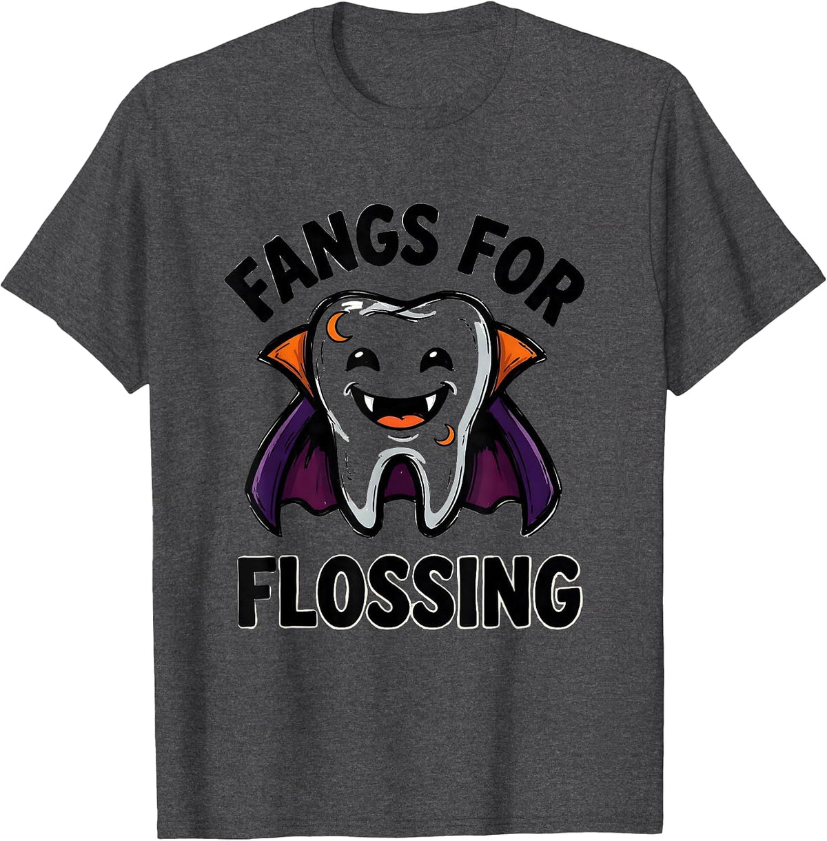 Fangs For Flossing Funny Dental Hygienist Halloween T-Shirt - Dark Heather Grey