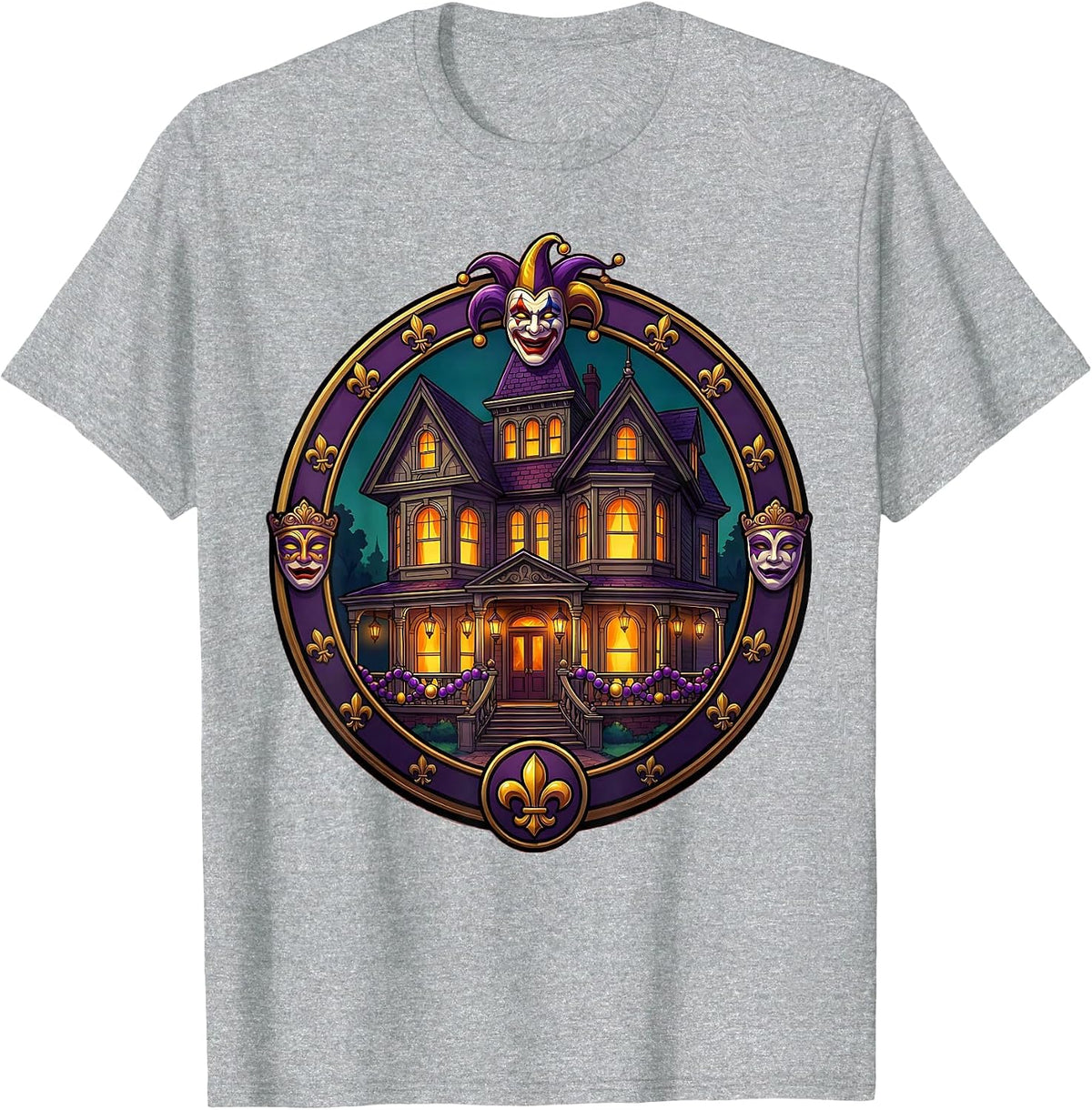Men's Mardi Gras Victorian Mansion Lantern Balcony T-Shirt - Heather Grey