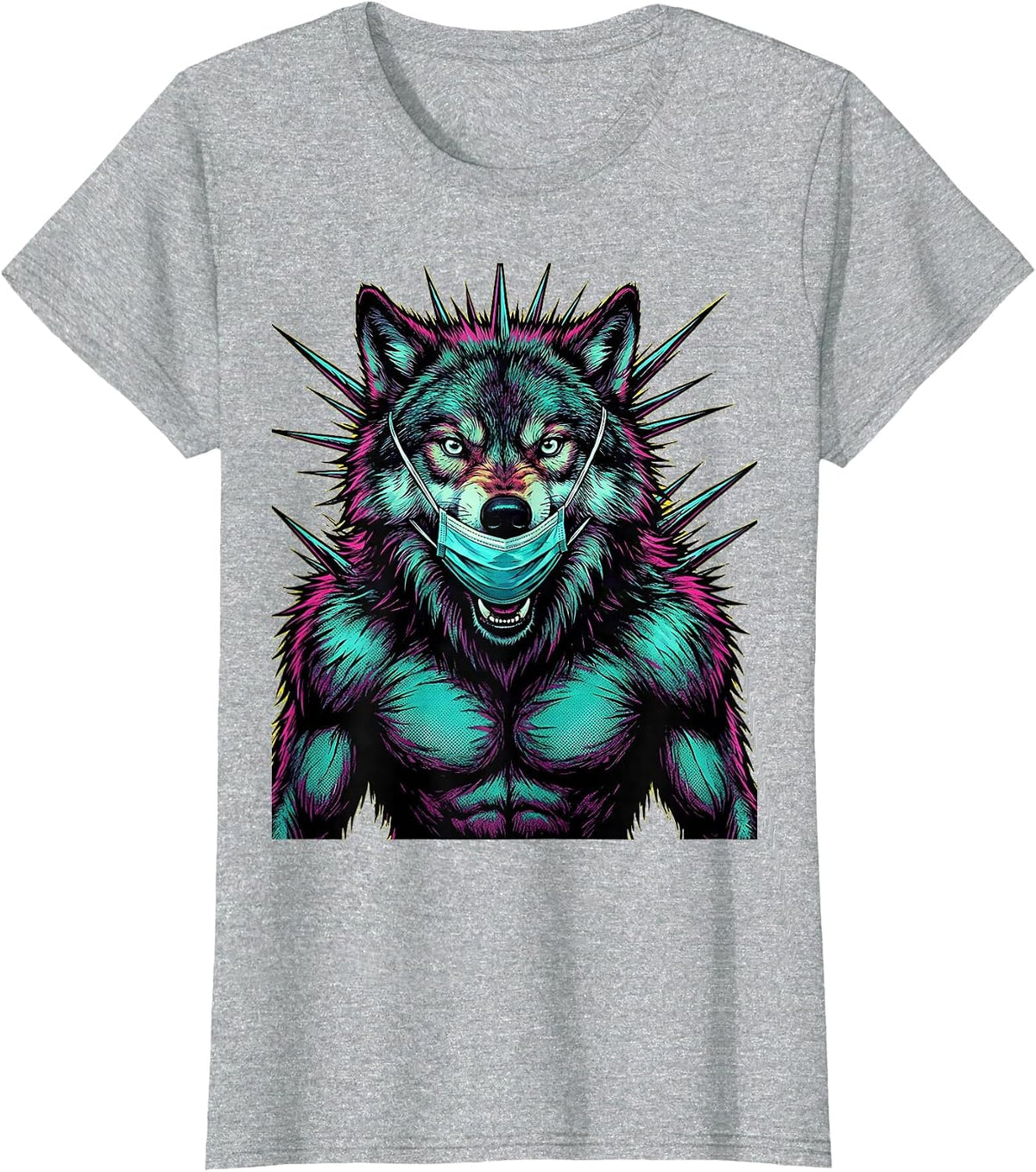 Women's Wolf Nurse Howling in Surgical Scrub Mask T-Shirt - Heather Grey