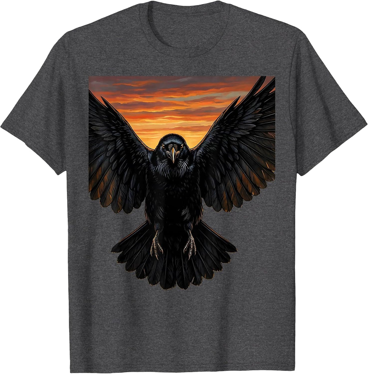 Crow With Spread Wings at Sunset Illustration T-Shirt - Dark Heather Grey