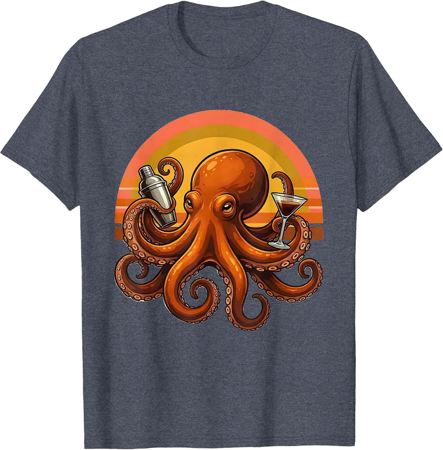 Octopus Espresso Martini Cocktail Shaker Art T-Shirt - Heather Blue