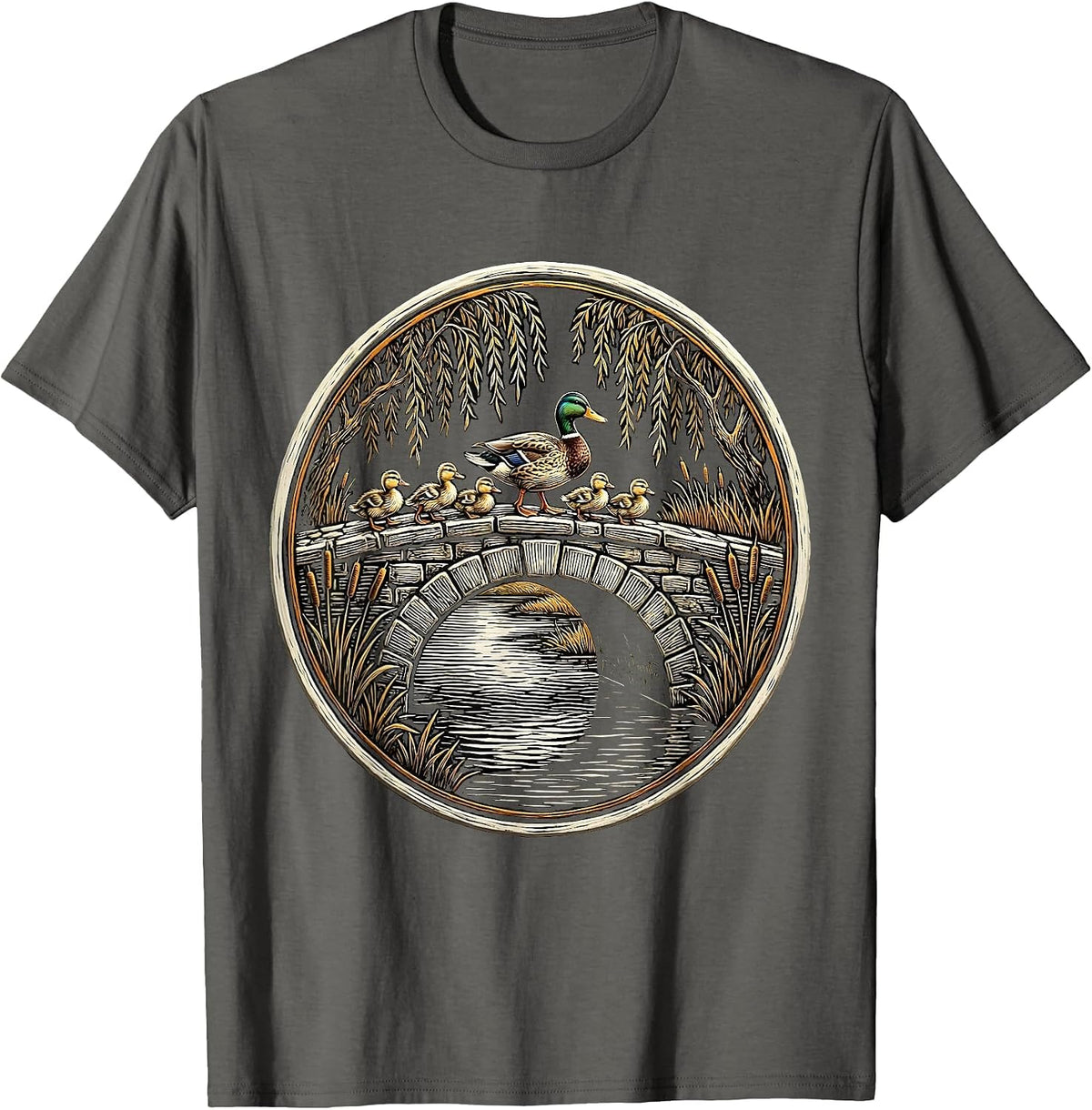 Duck Family Crossing Cobblestone Park Bridge T-Shirt - Asphalt Grey