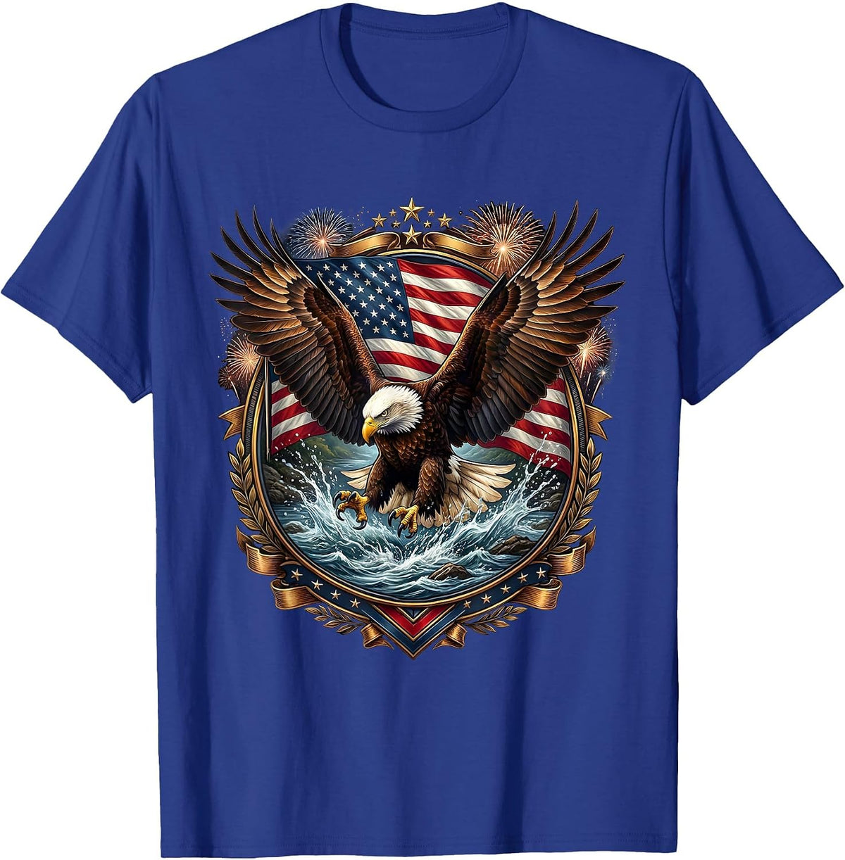Men's Bald Eagle Wings Spread River Patriotic Design T-Shirt - Royal Blue