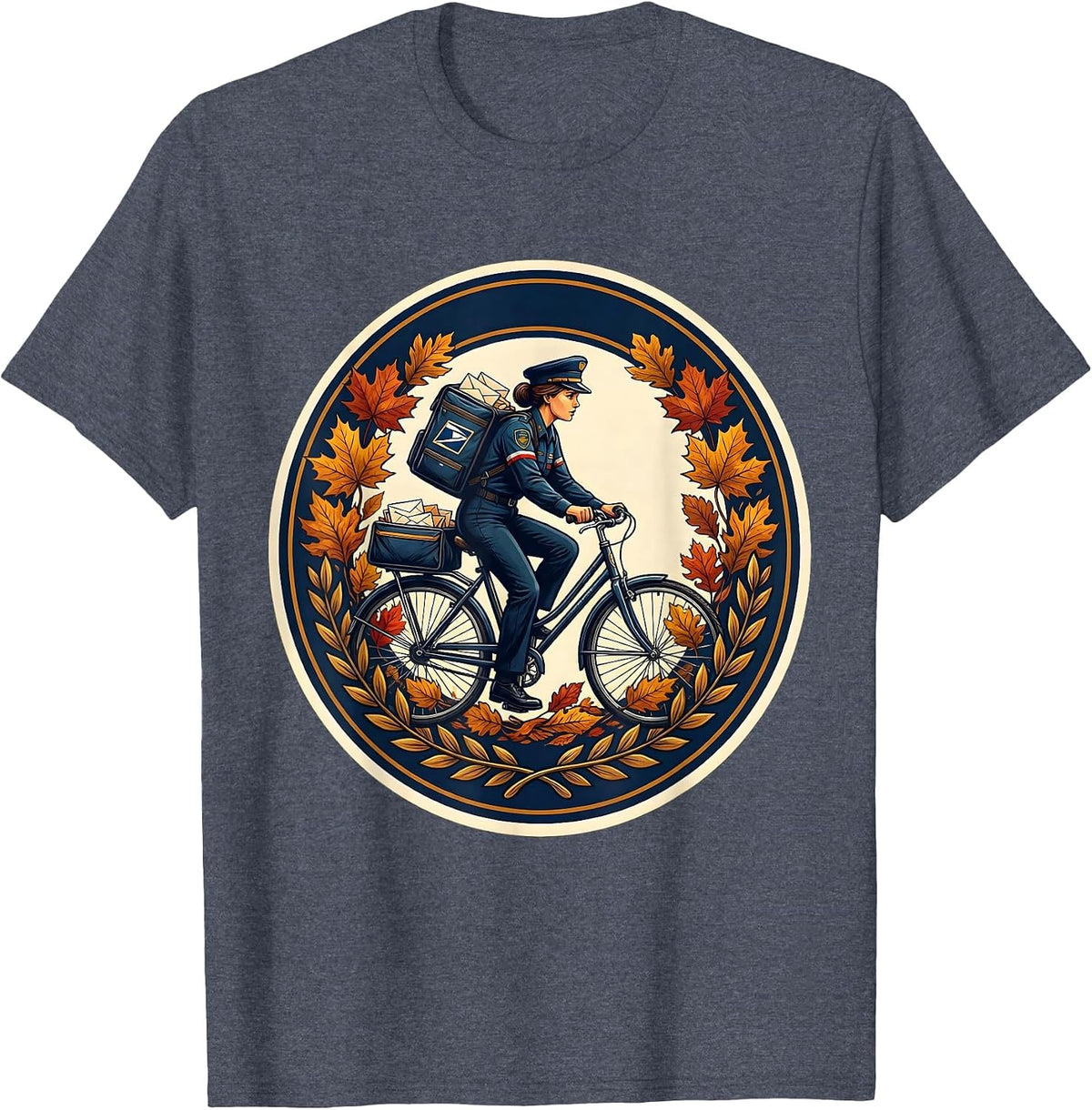 Mail Carrier Biking Through Autumn Leaves Labor Day T-Shirt - Heather Blue