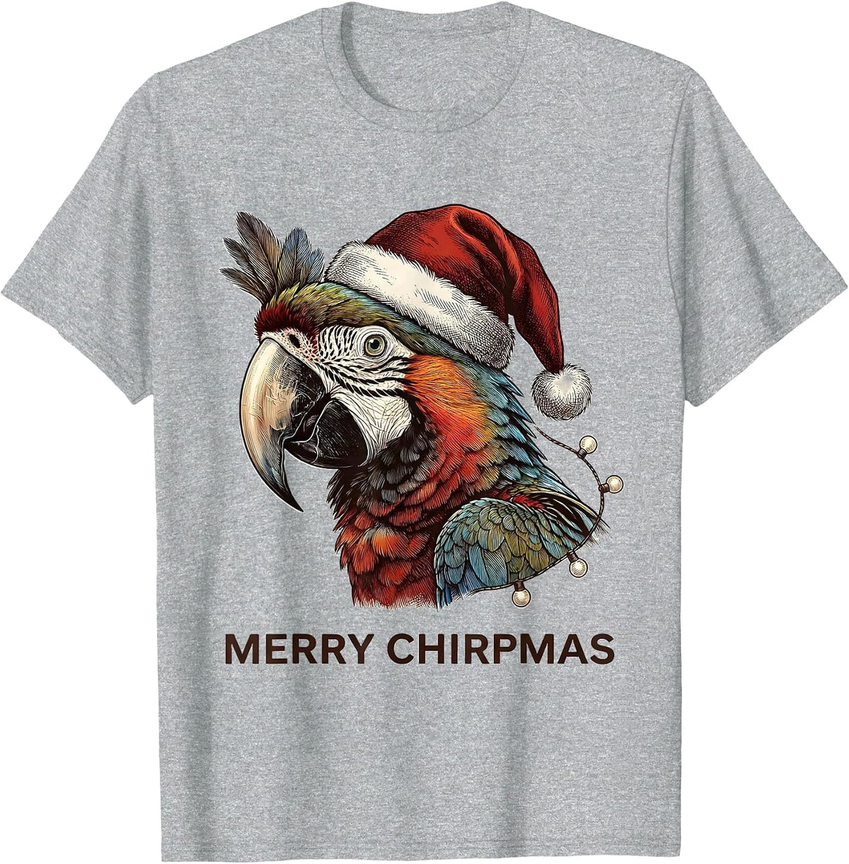 Men's Merry Chirpmas Crosshatch Etching Parrot Lover Christmas T-Shirt - Heather Grey