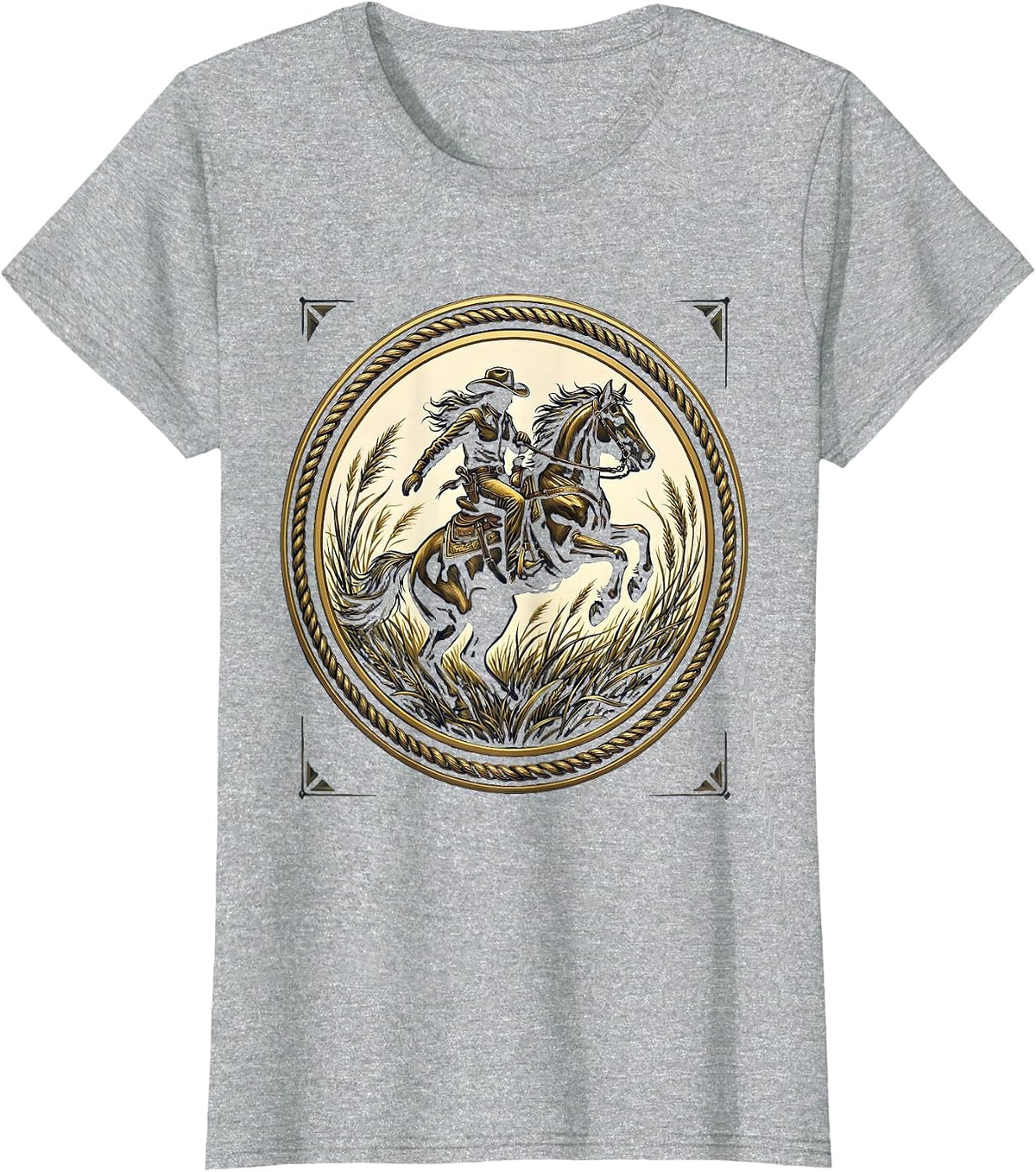 Cowgirl on Horseback Through Tall Grass Design T-Shirt - Heather Grey