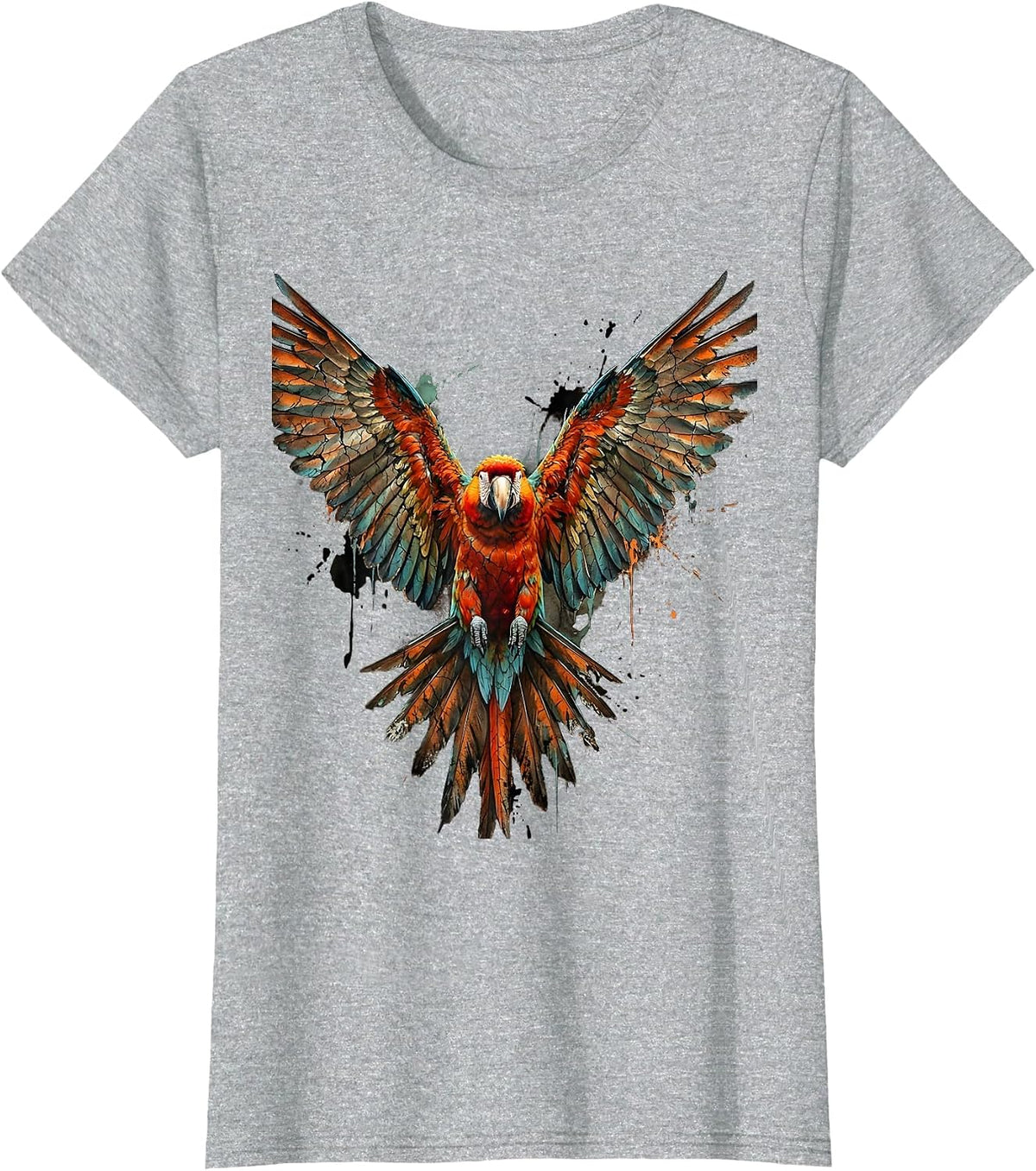 Parrot in Flight Spread Wings Illustration T-Shirt - Heather Grey