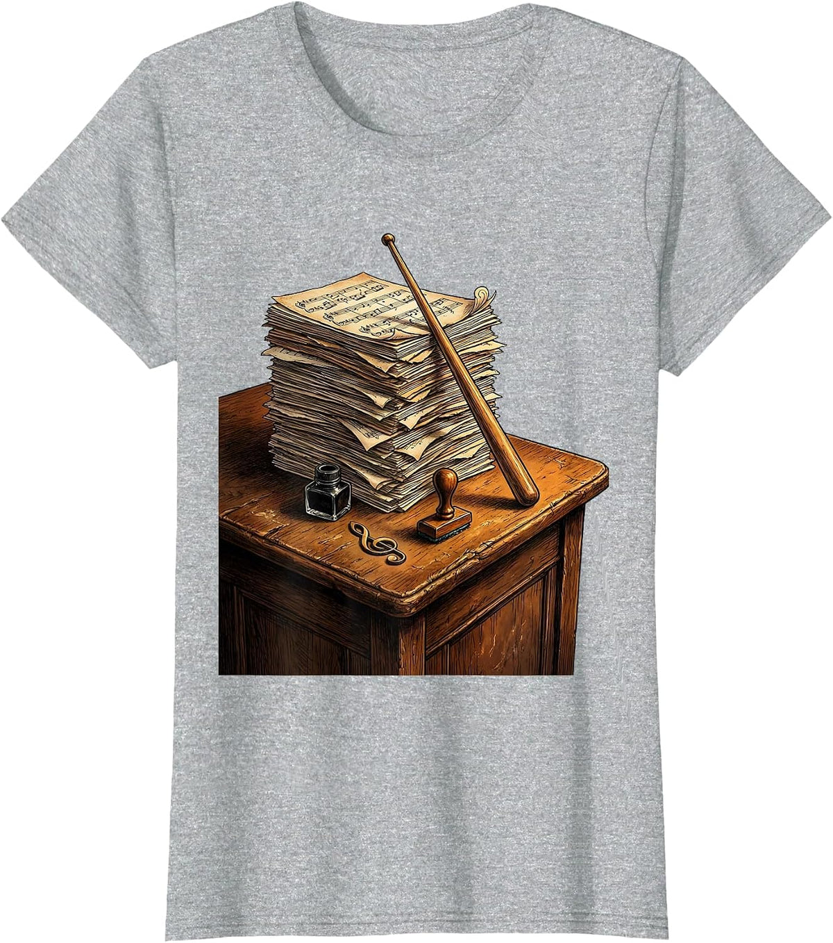 Music Teacher Worn Desk Stacked Sheet Music Art T-Shirt - Heather Grey