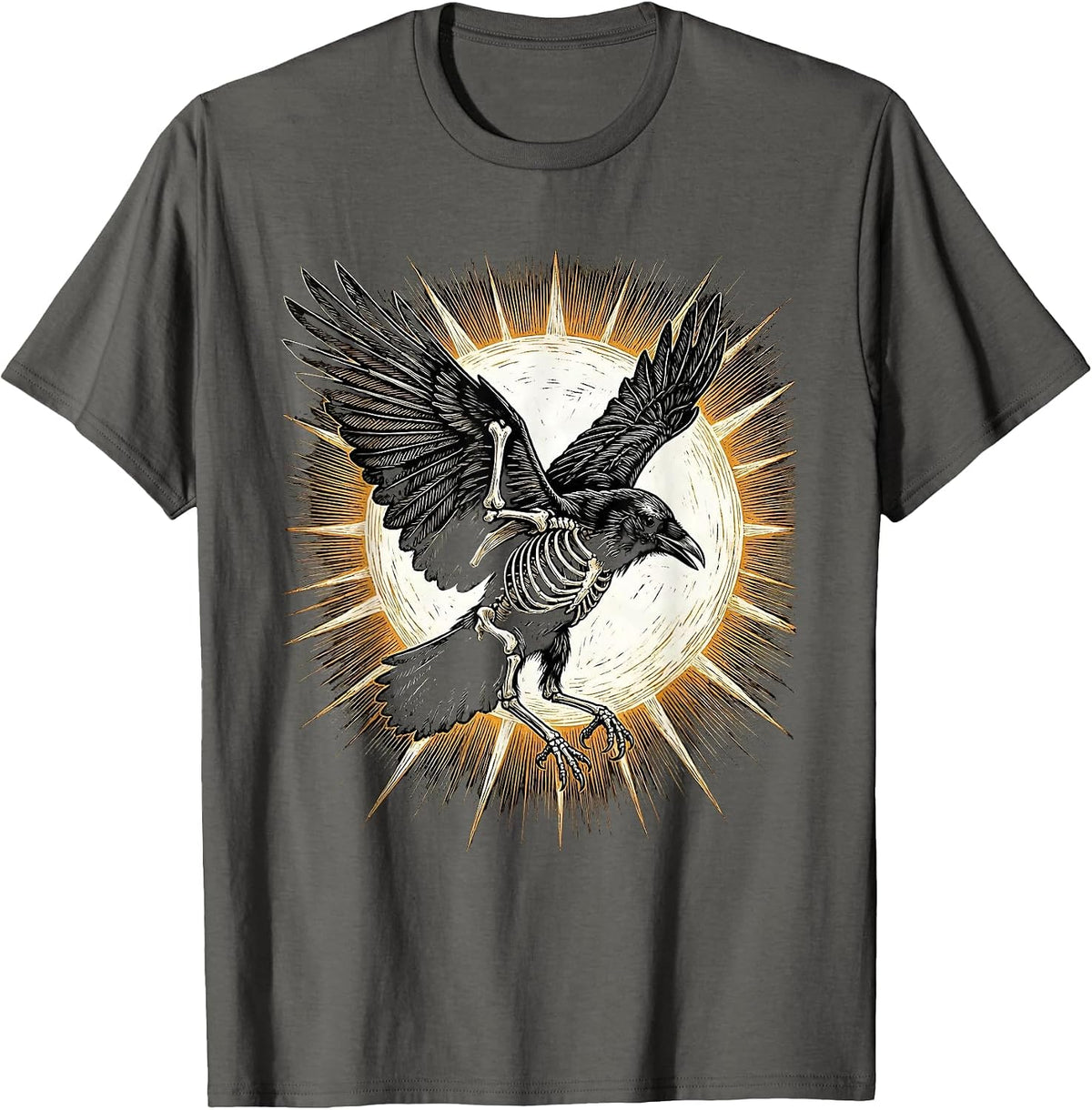 Crow Skeleton In Flight Against the Sun T-Shirt - Asphalt Grey