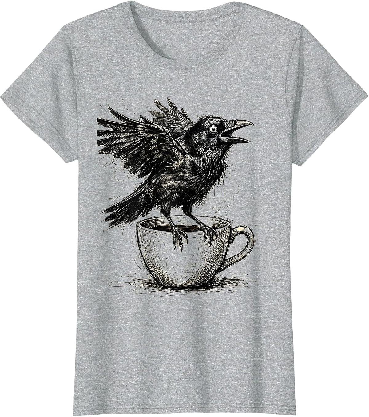 Wide-Eyed Crow After First Sip Graphic T-Shirt - Heather Grey