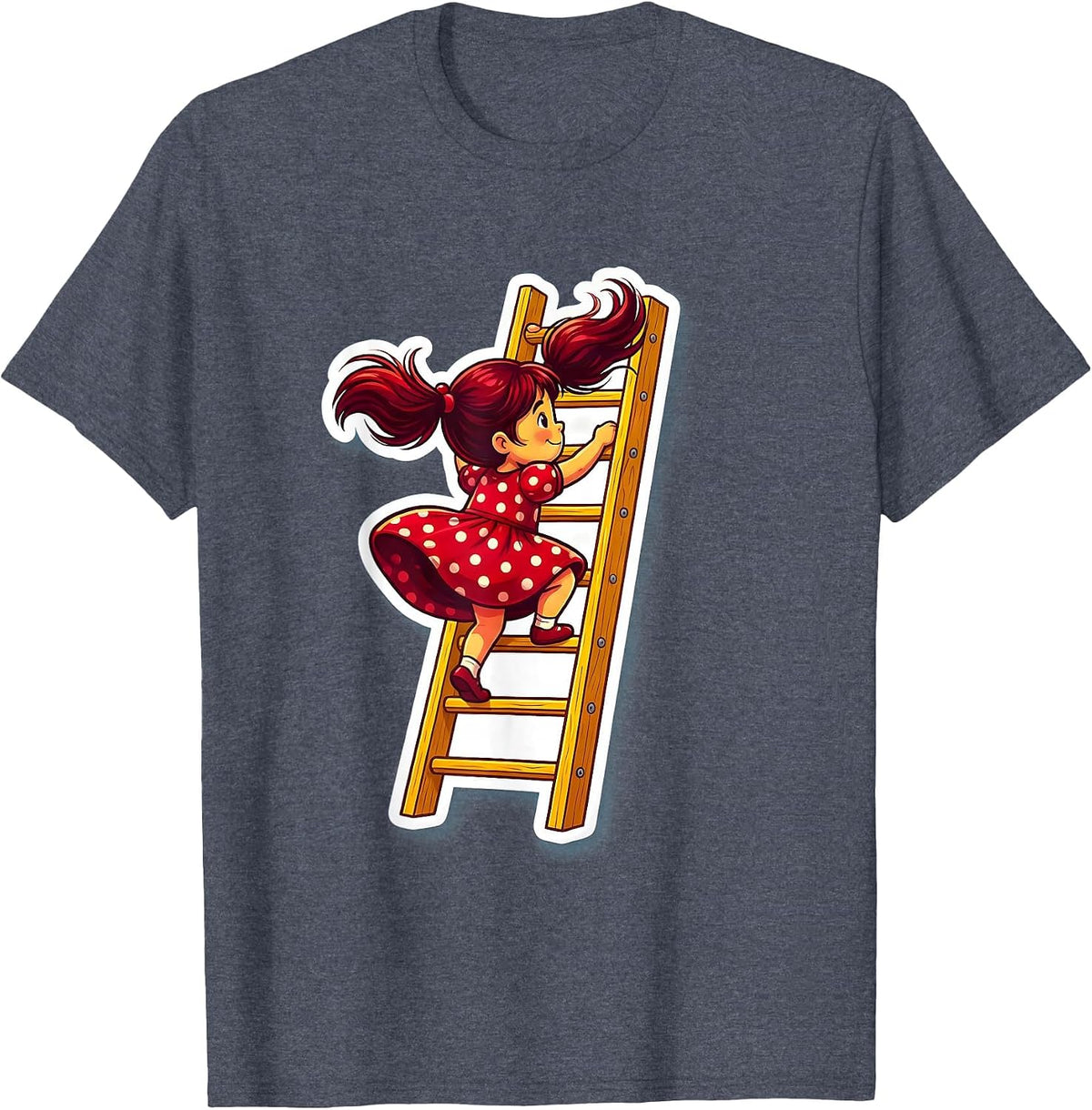 Polka Dot Dress Girl Climbing Tall Ladder T-Shirt - Heather Blue