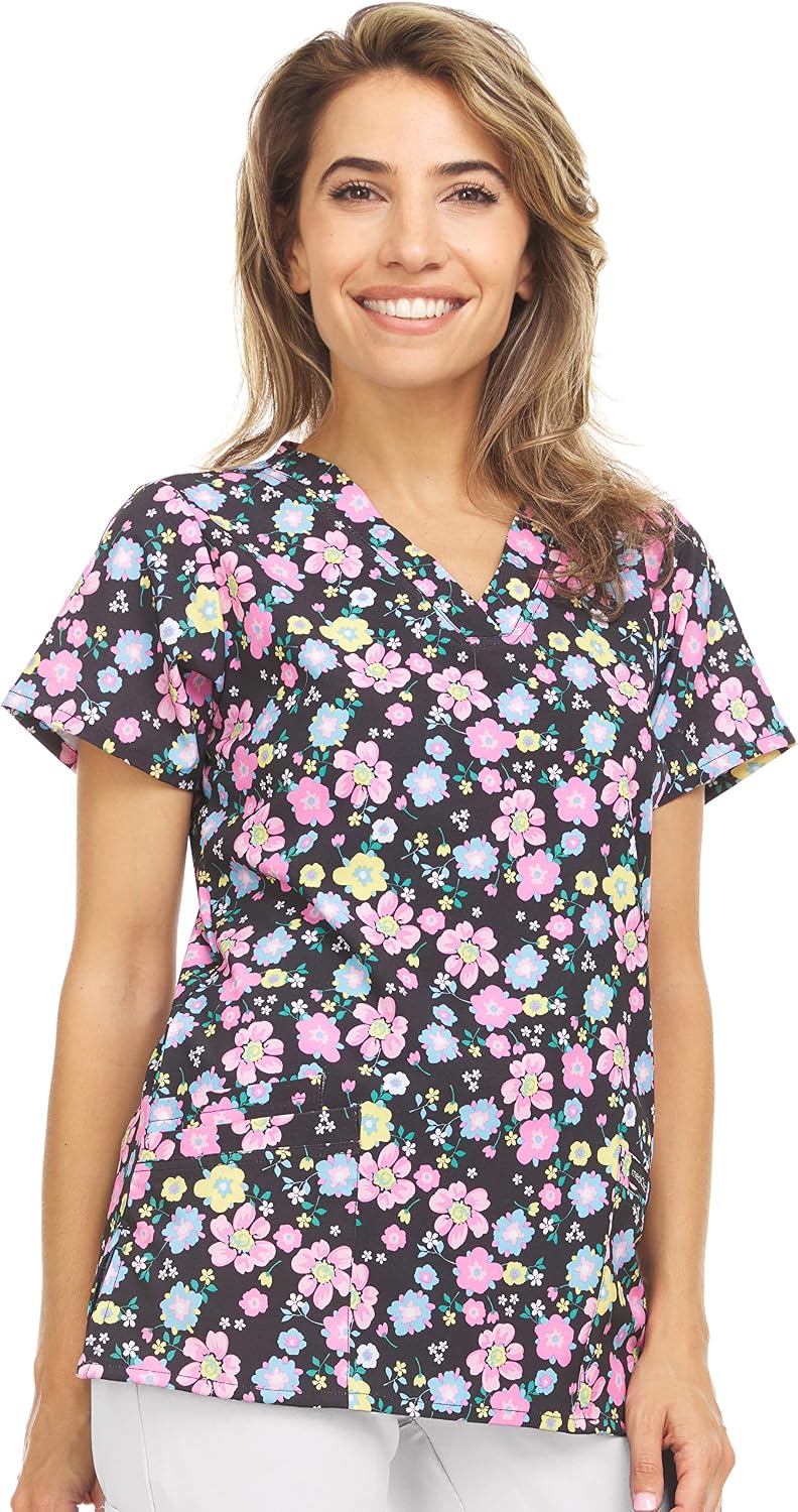 MediChic Women’s Stretch Printed Scrub Top – Fun & Friendly Patterns, Stretch Medical Scrubs V-Neck, Plus - 40-floral Black