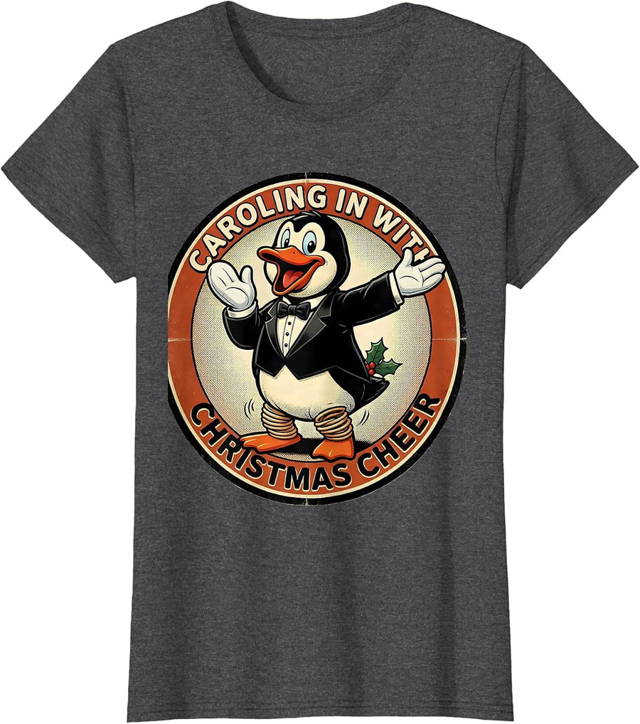 Women's Caroling In With Christmas Cheer Retro Cartoon Penguin Lover T-Shirt - Dark Heather Grey