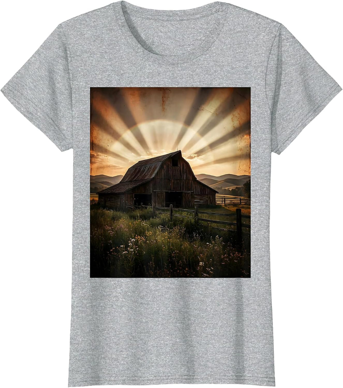 Barn at Dusk Rolling Hills Scenic Illustration T-Shirt - Heather Grey