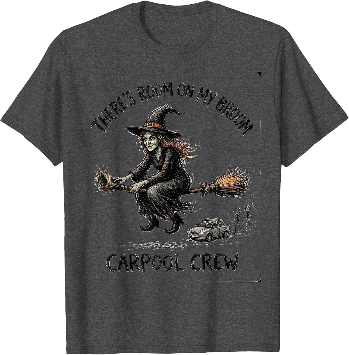 Men's There's Room On My Broom Carpool Crew Funny Halloween T-Shirt - Dark Heather Grey
